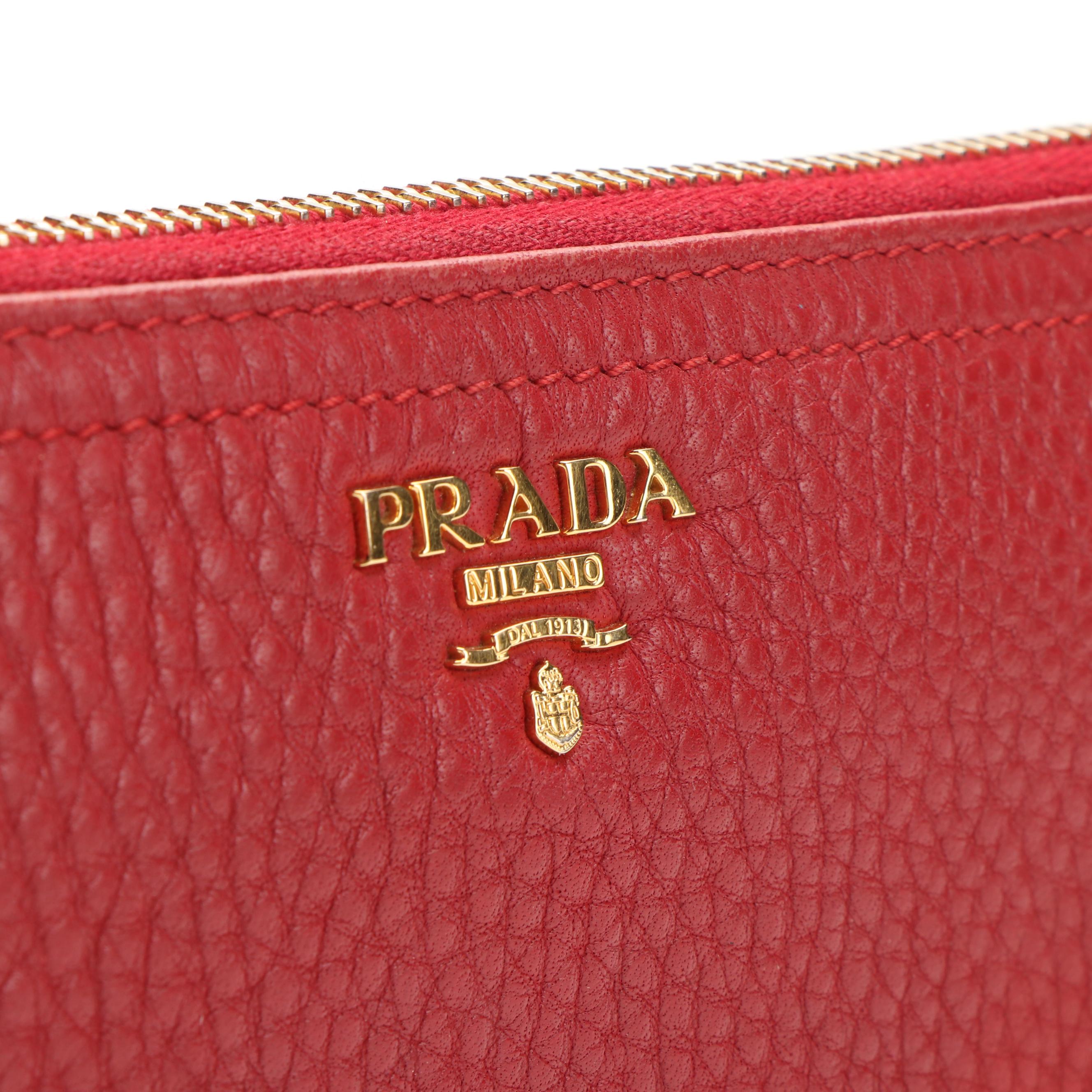 Prada Zip Around Long Wallet in Red Saffiano Leather With Box