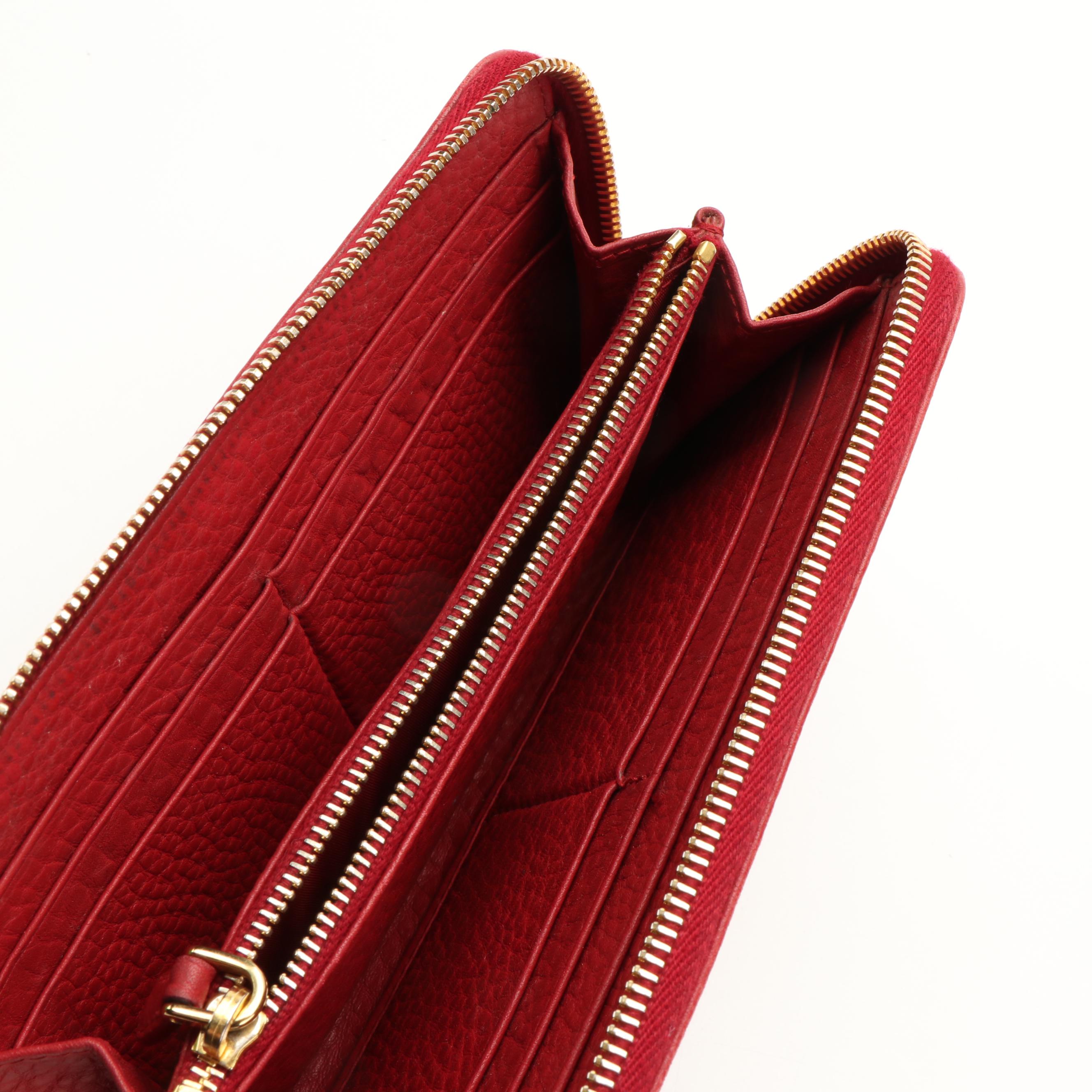 Prada Zip Around Long Wallet in Red Saffiano Leather With Box