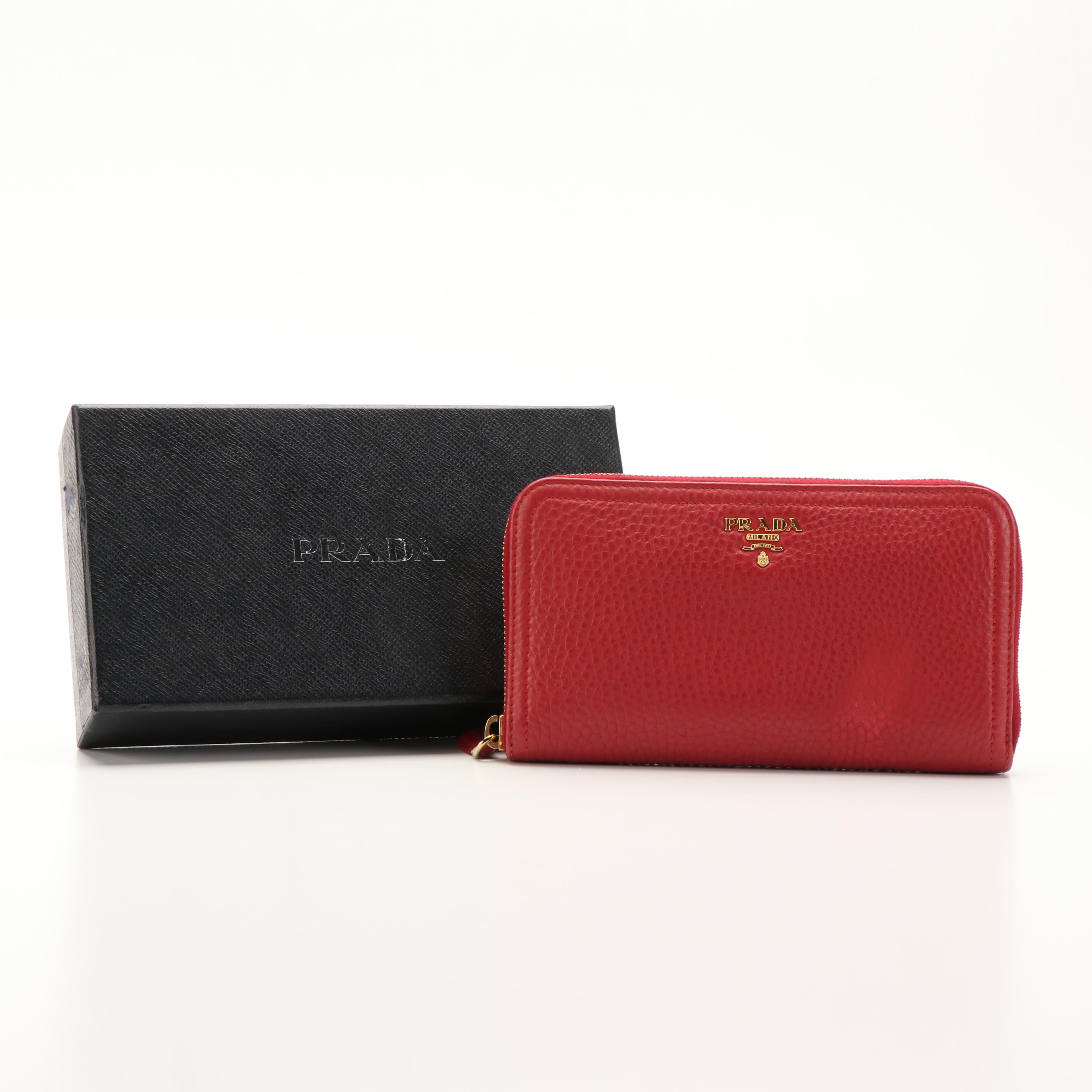 Prada Zip Around Long Wallet in Red Saffiano Leather With Box