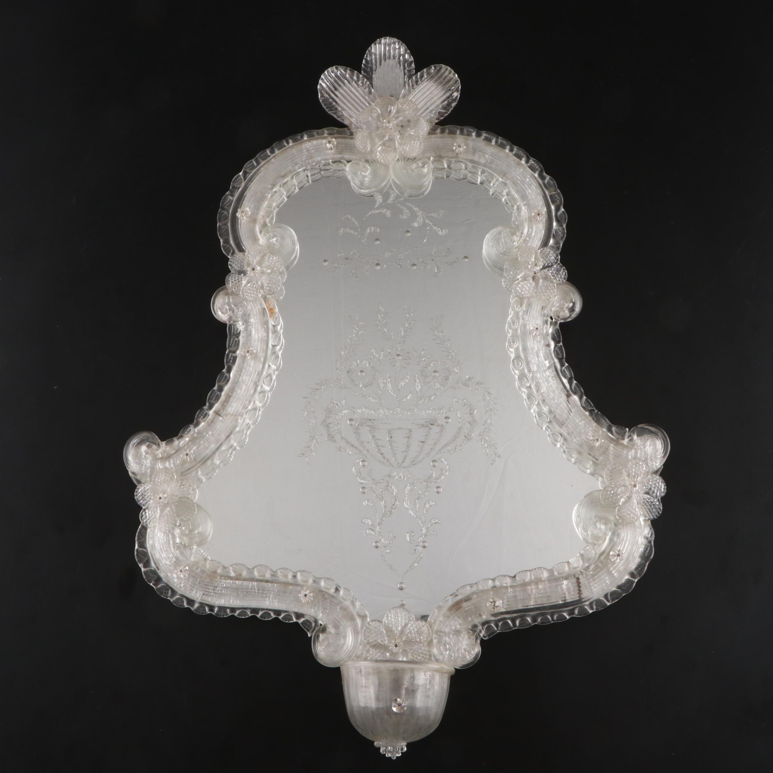Venetian Etched Glass Wall Mirror with Candlesticks, Late 19th Century