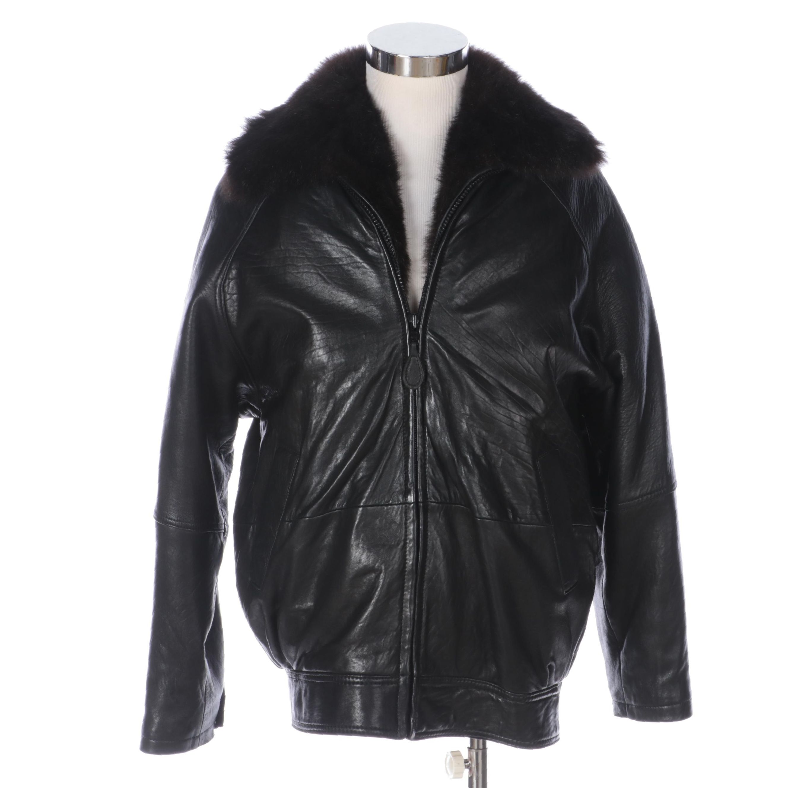 Andrew Marc Black Leather Coat with Removable Opossum Fur Vest