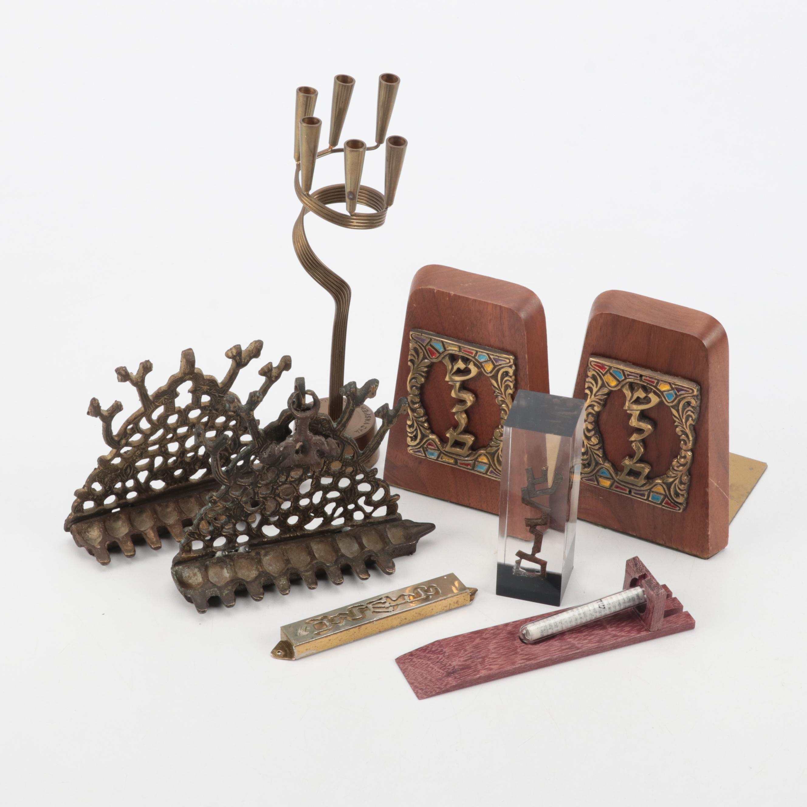 Brass Oil Menorahs With Yad Vashem Replica Candle Holder and Other Judaica