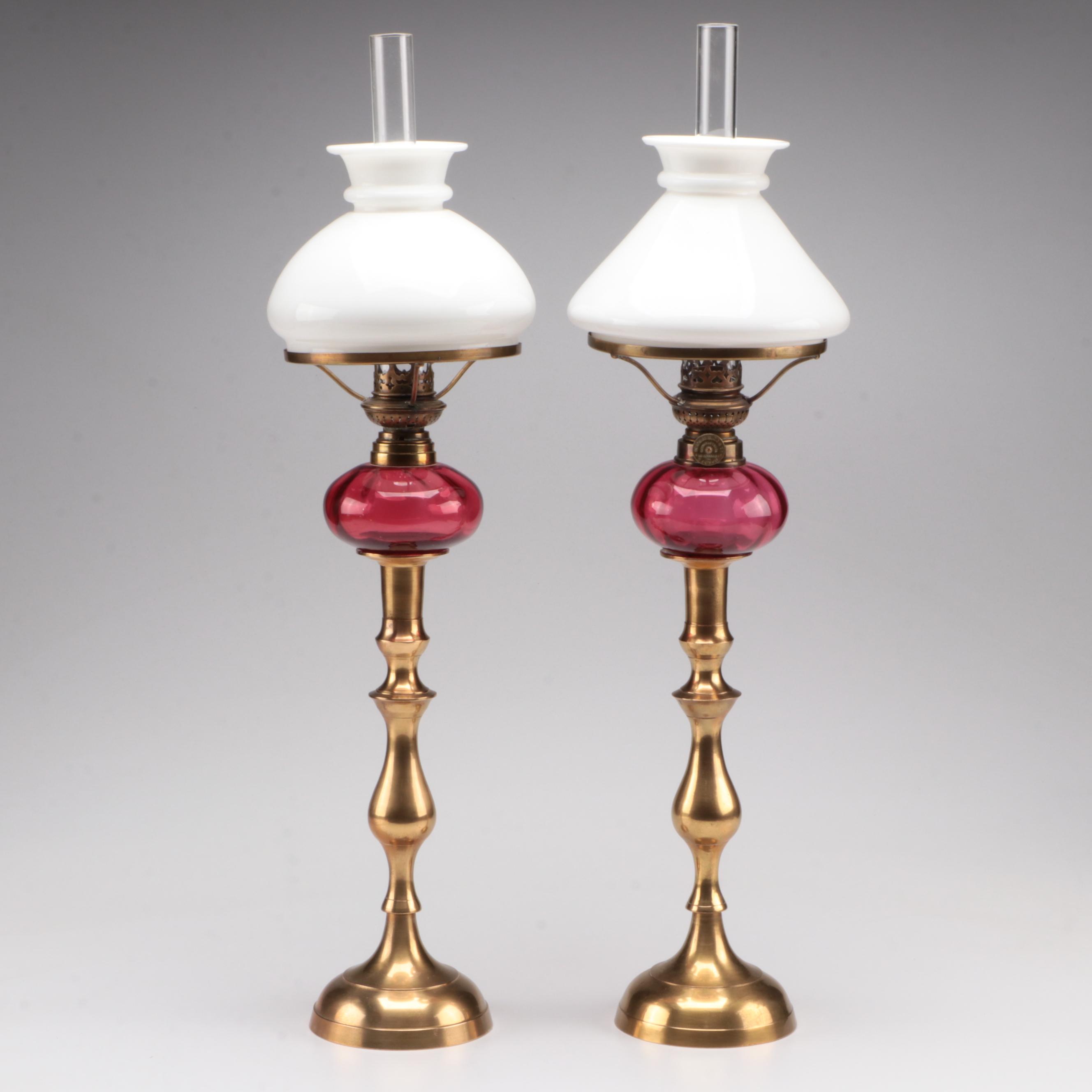 Zimmerman & Co. Brass Candlestick and Ruby Glass Peg Lamps & Milk Glass Shades