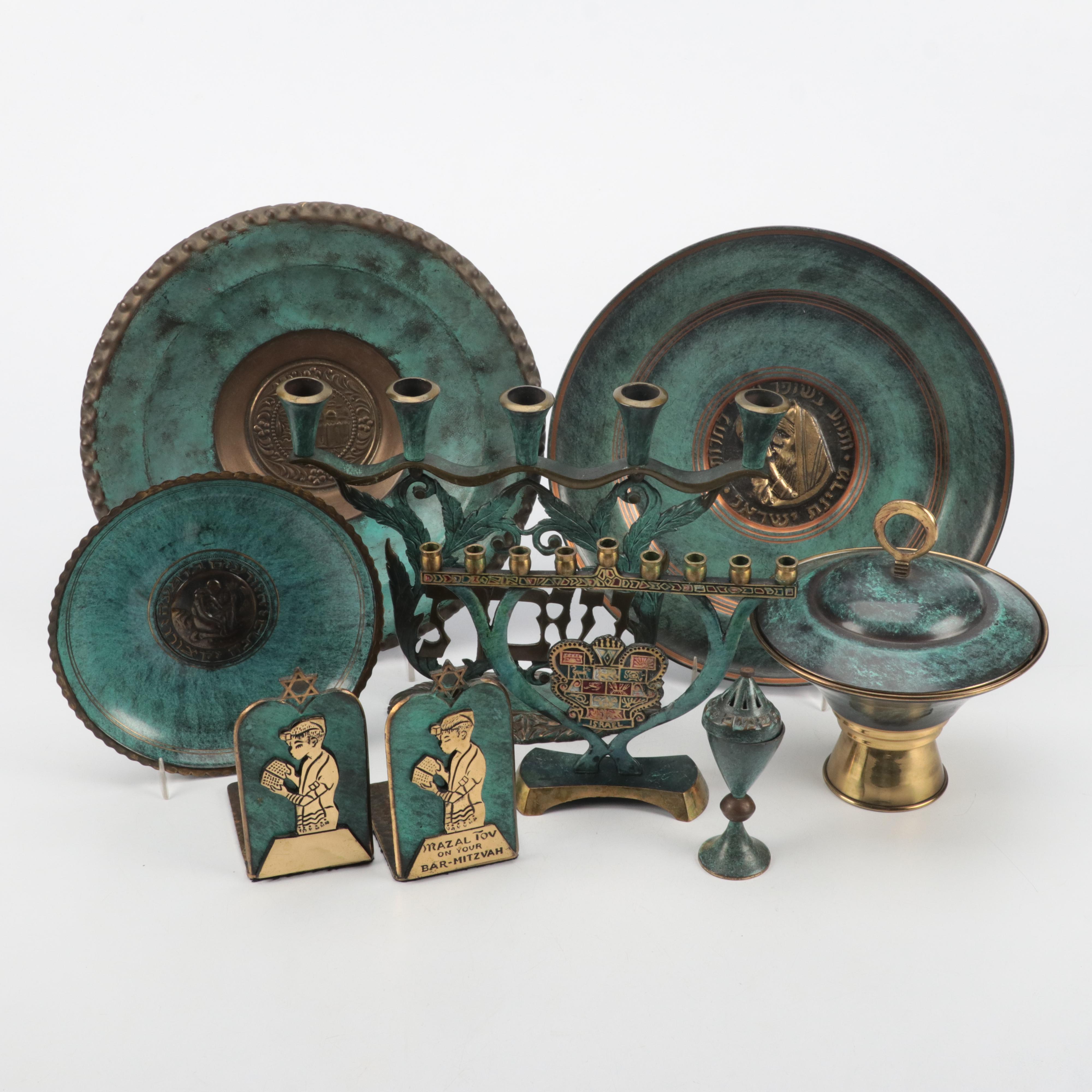 Israeli Patinated Metal Shabbat Candelabra, Menorah and Other Enamelware