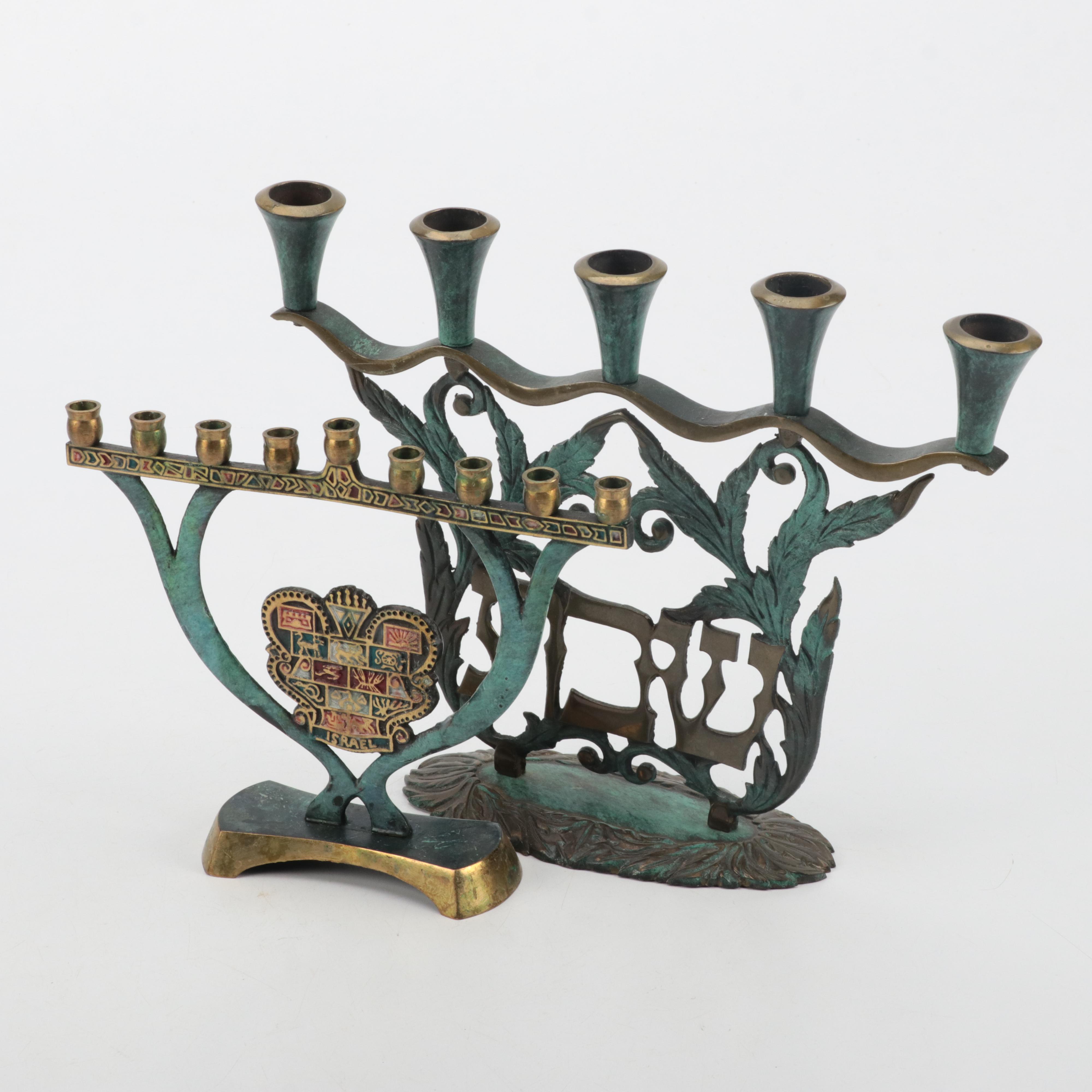 Israeli Patinated Metal Shabbat Candelabra, Menorah and Other Enamelware