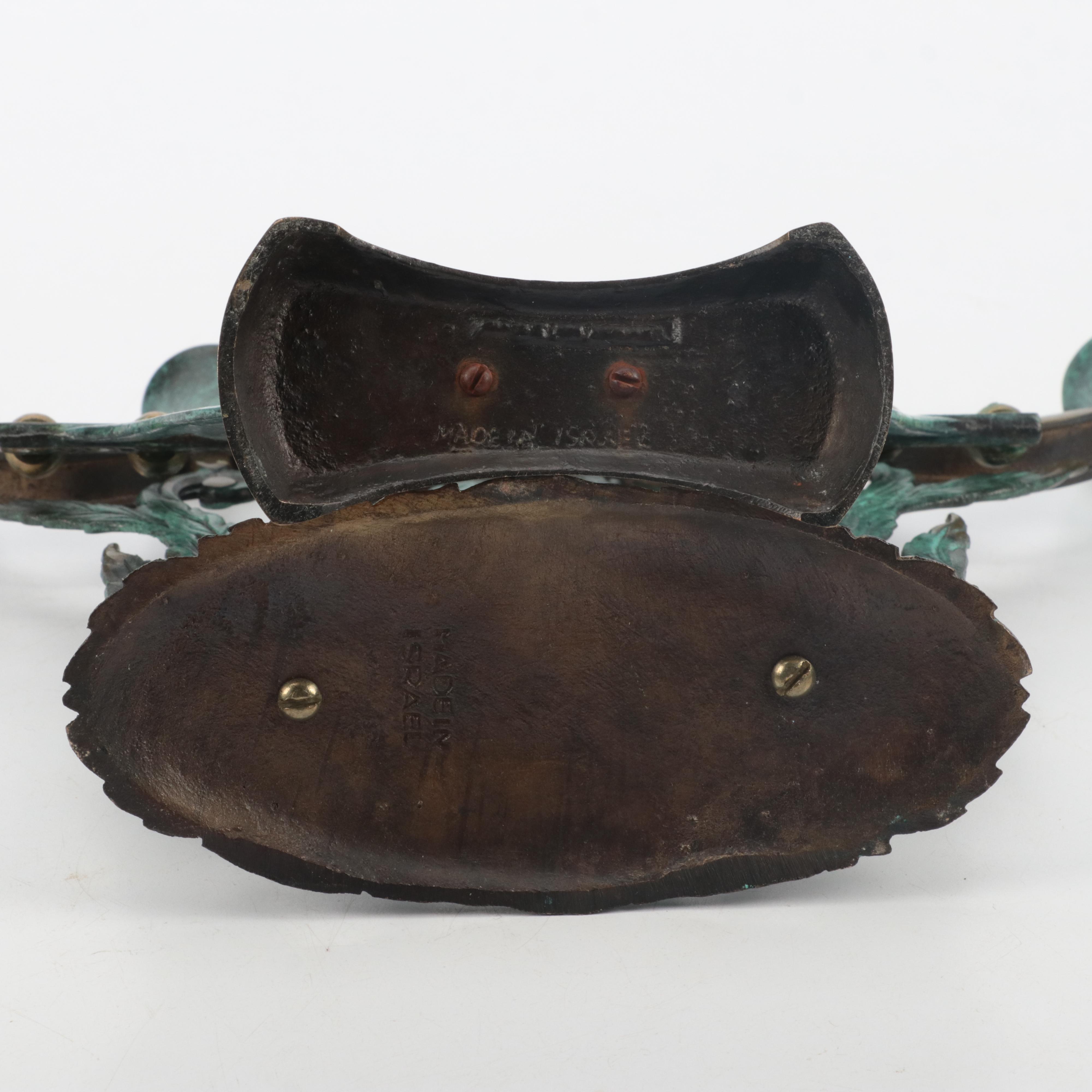 Israeli Patinated Metal Shabbat Candelabra, Menorah and Other Enamelware