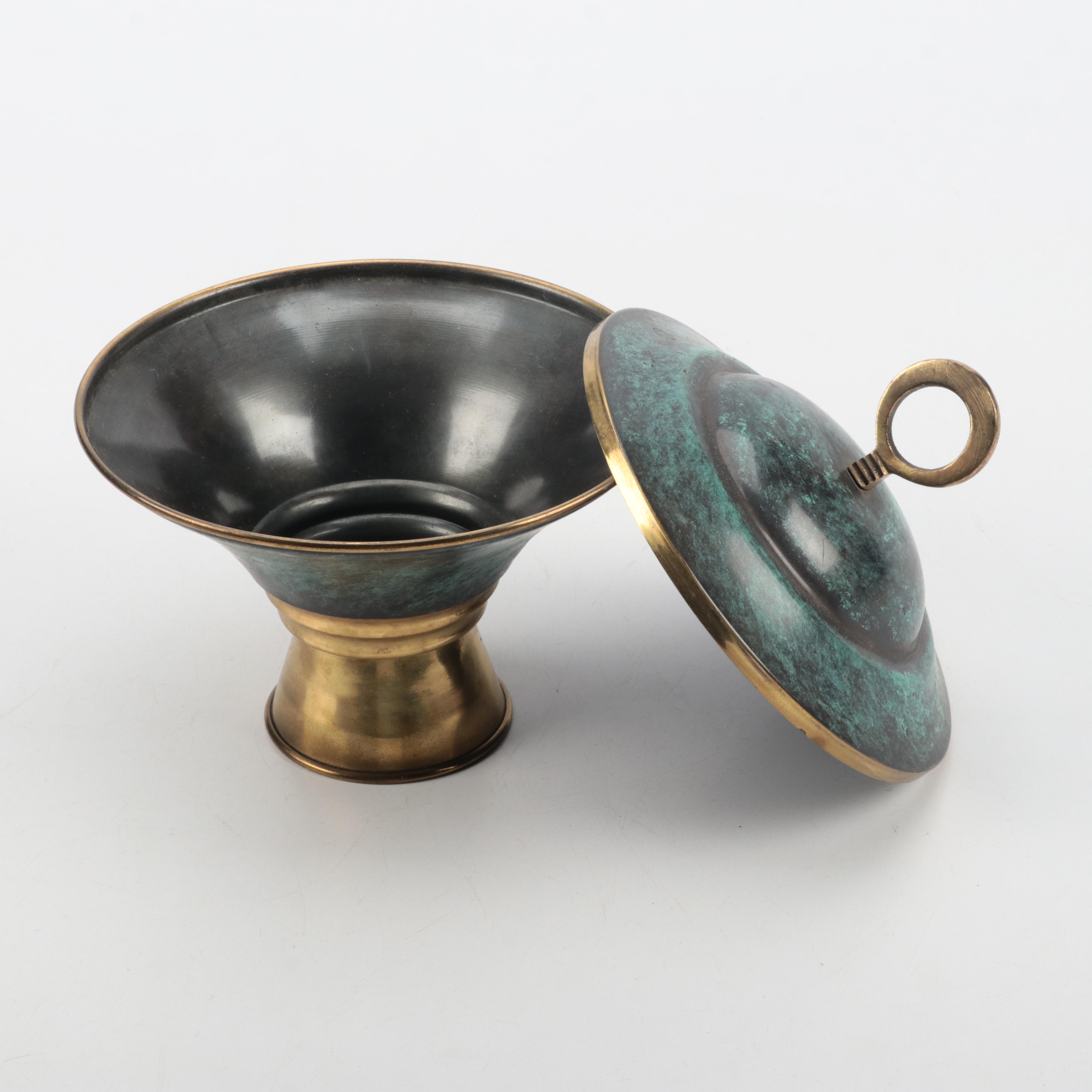 Israeli Patinated Metal Shabbat Candelabra, Menorah and Other Enamelware