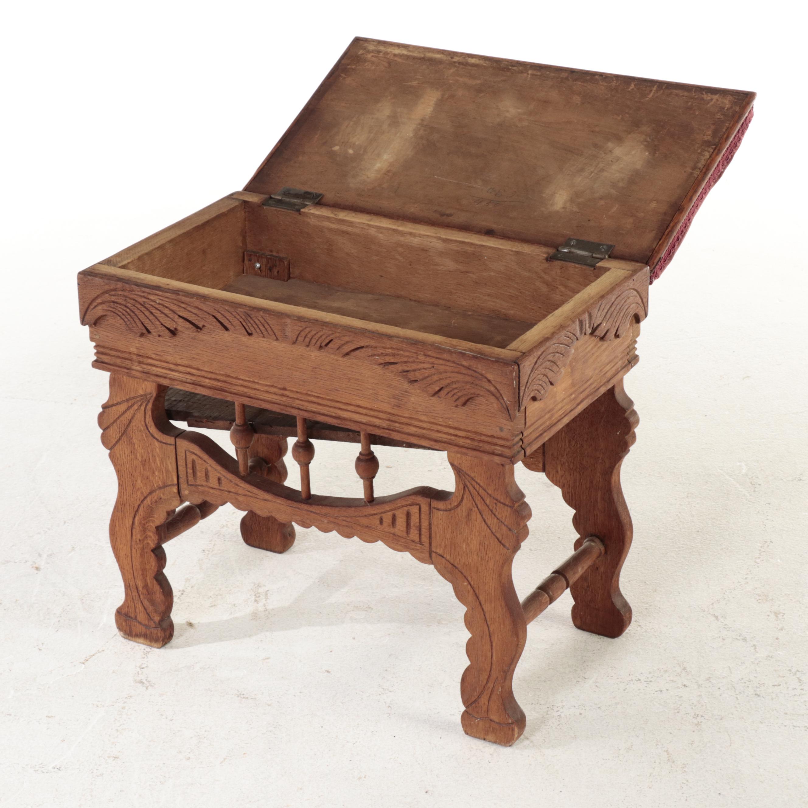 Victorian Carved Oak Lift-Seat Organ Stool, Late 19th Century