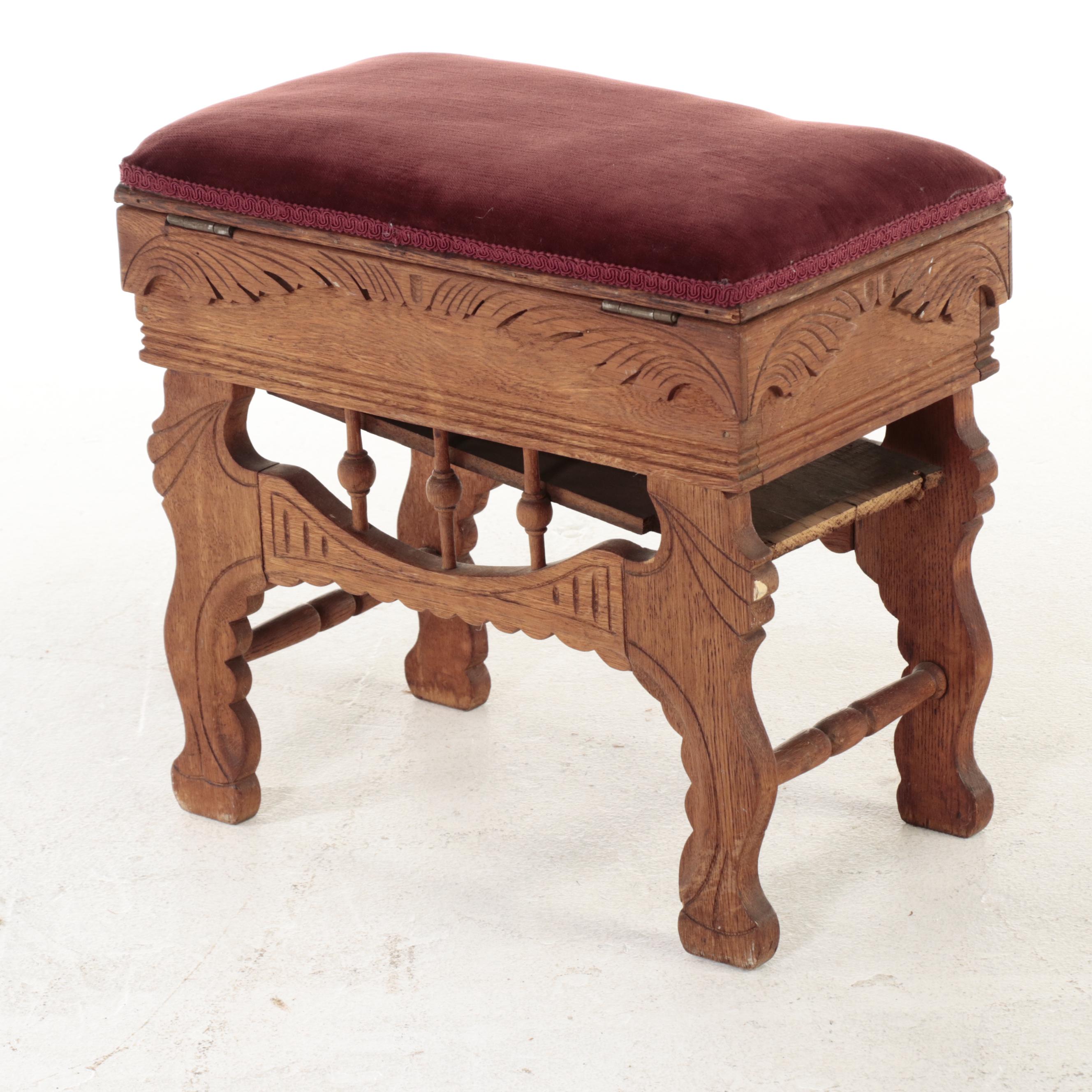 Victorian Carved Oak Lift-Seat Organ Stool, Late 19th Century