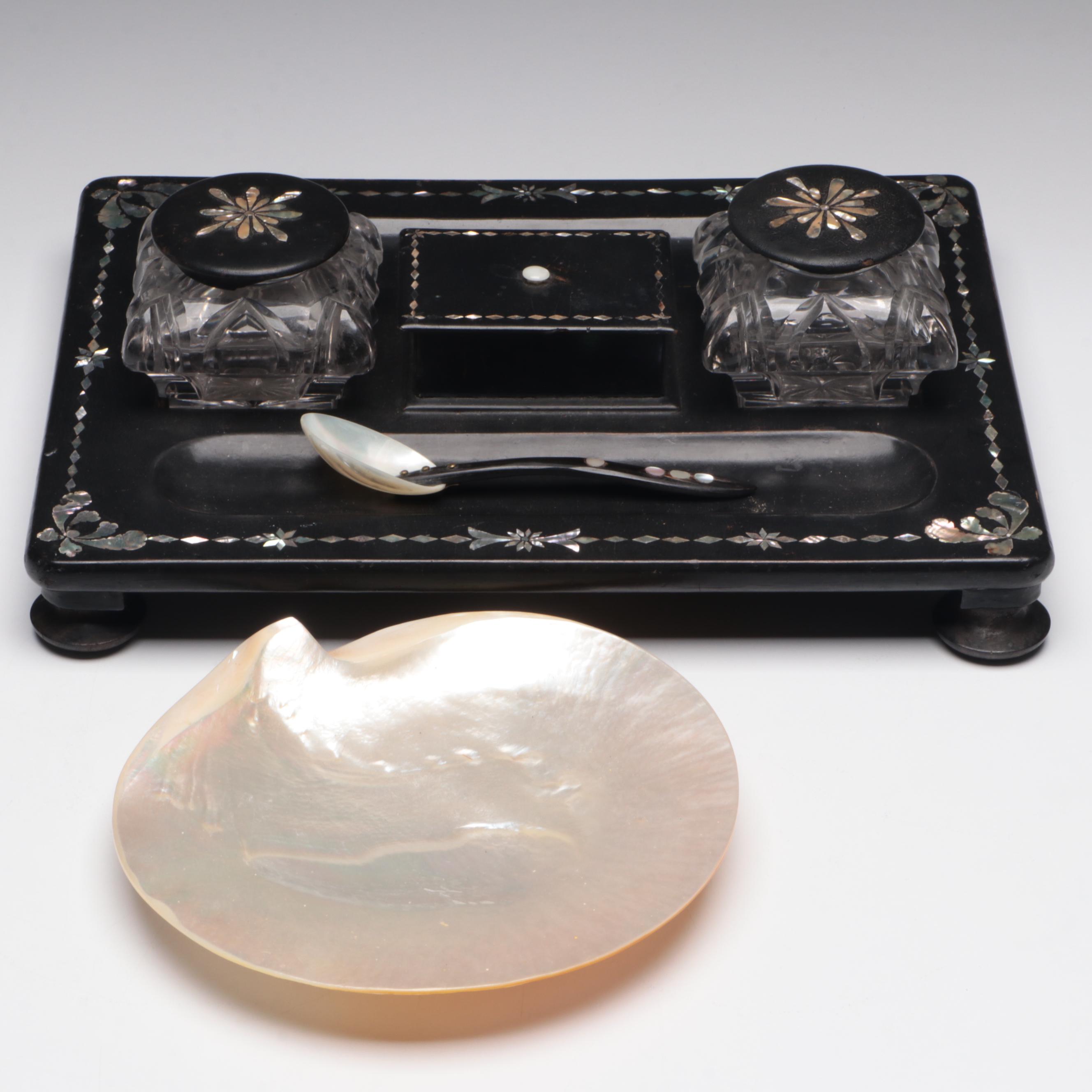 Victorian Inkwell Set with Other Mother-of-Pearl Spoon and Dish
