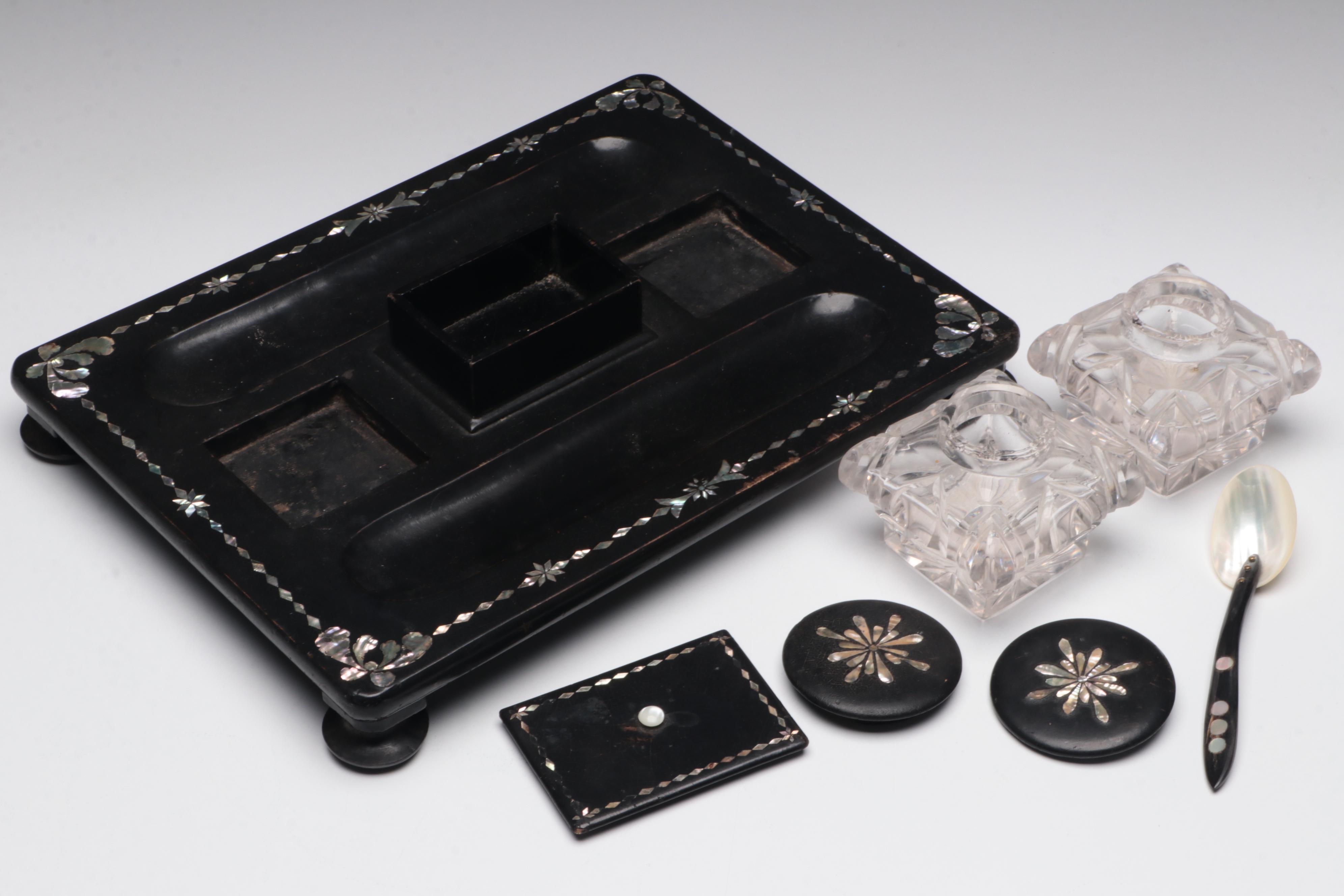 Victorian Inkwell Set with Other Mother-of-Pearl Spoon and Dish