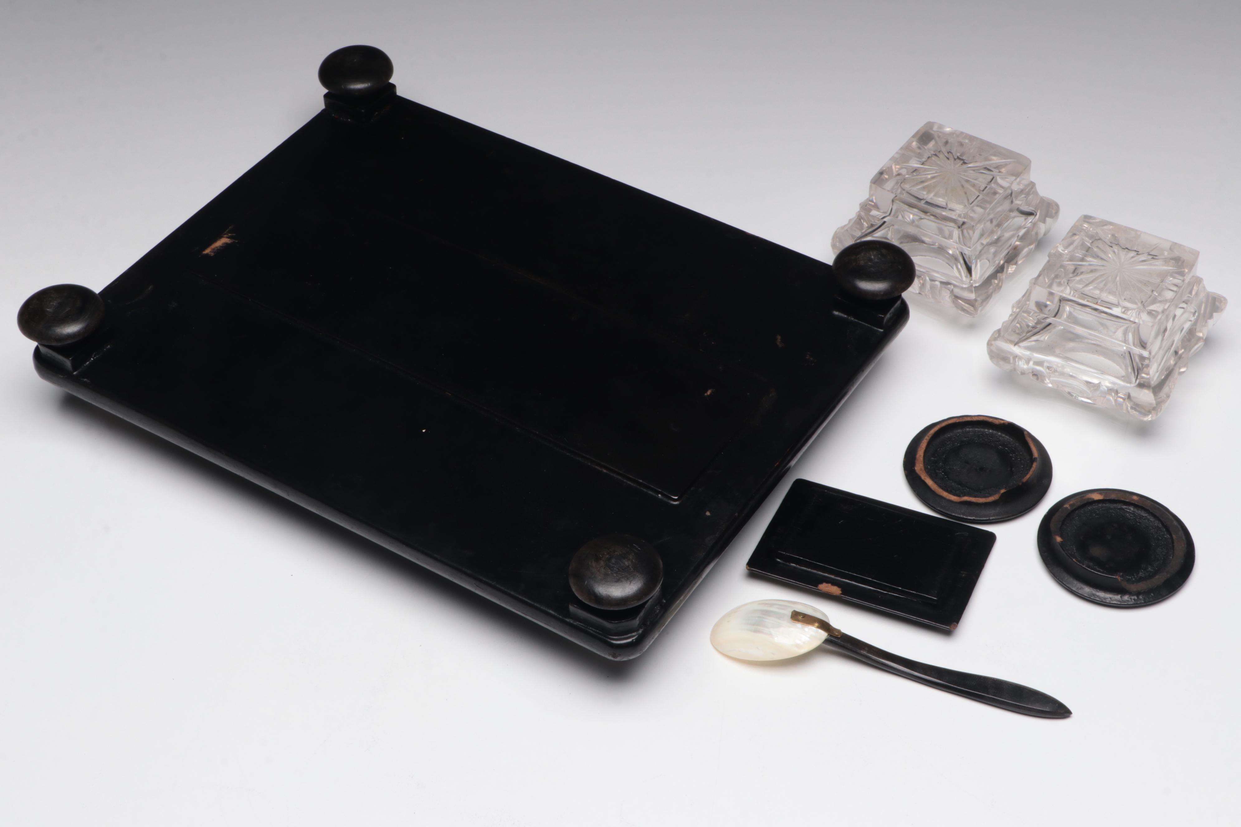 Victorian Inkwell Set with Other Mother-of-Pearl Spoon and Dish