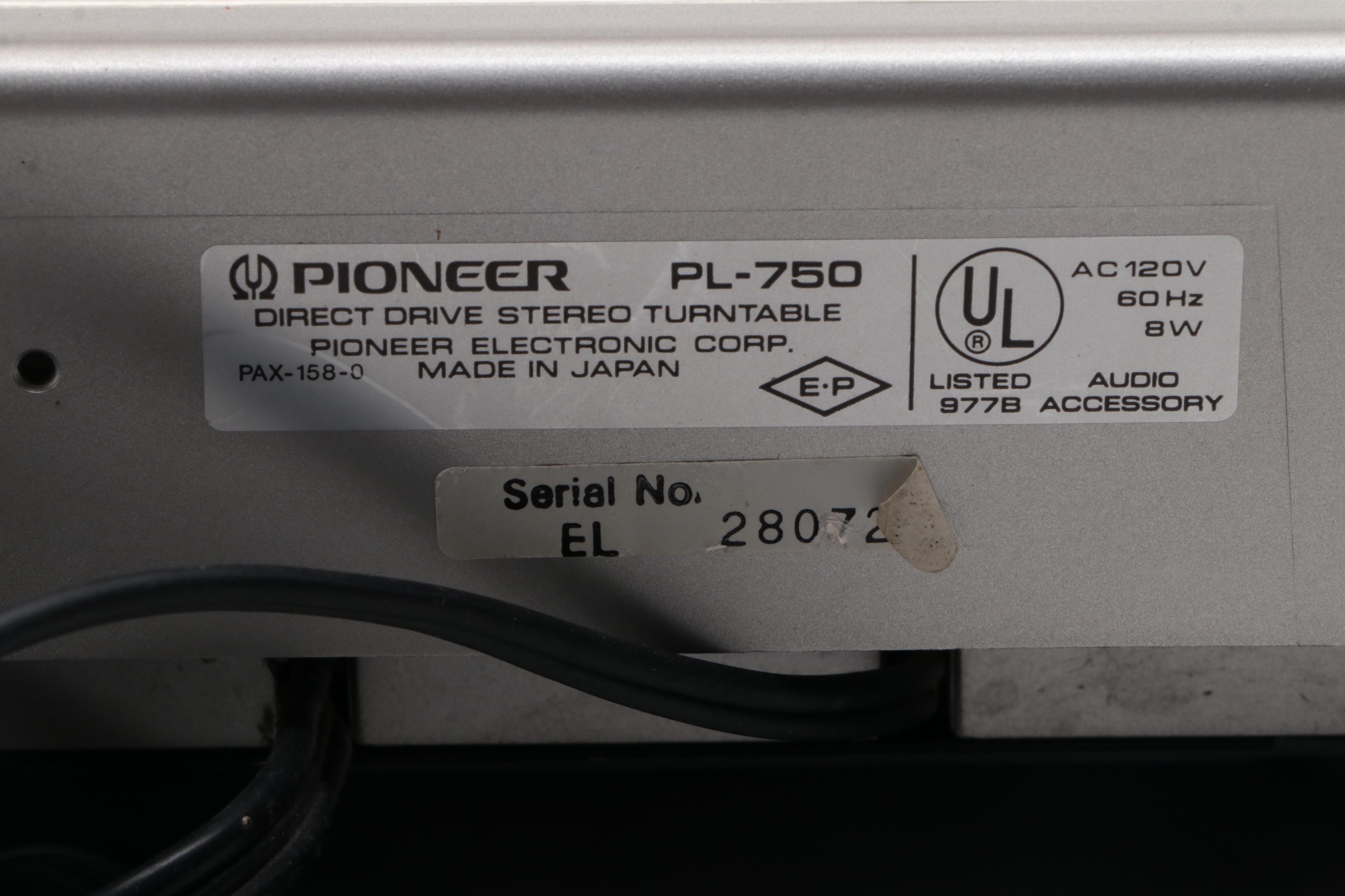 Pioneer PL-750 Quartz-Direct Drive Auto-Return Stereo Turntable, Late 20th C.