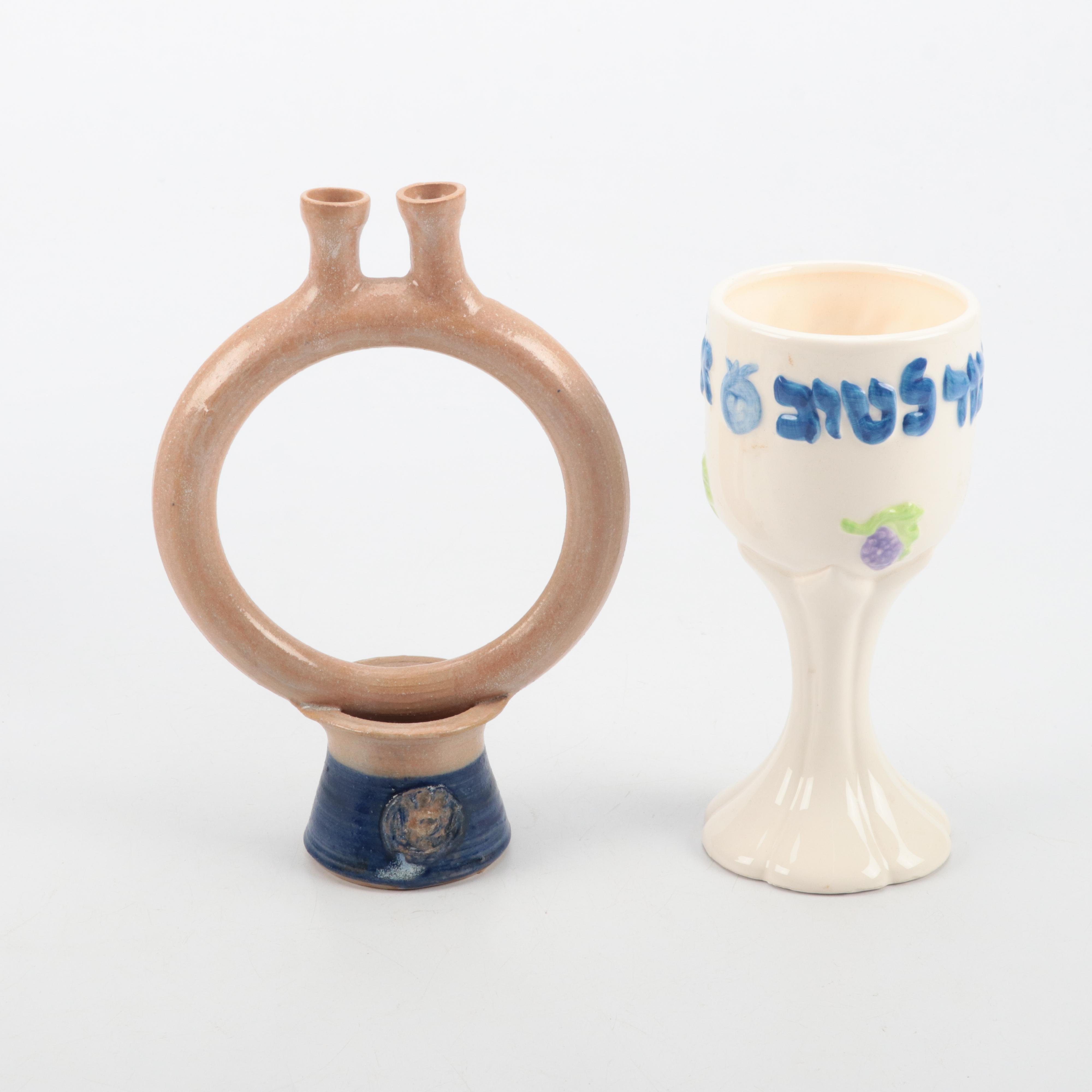 Israeli Artist Signed Shabbat Ceramic Candlestick, Rosenthal Mezuzah