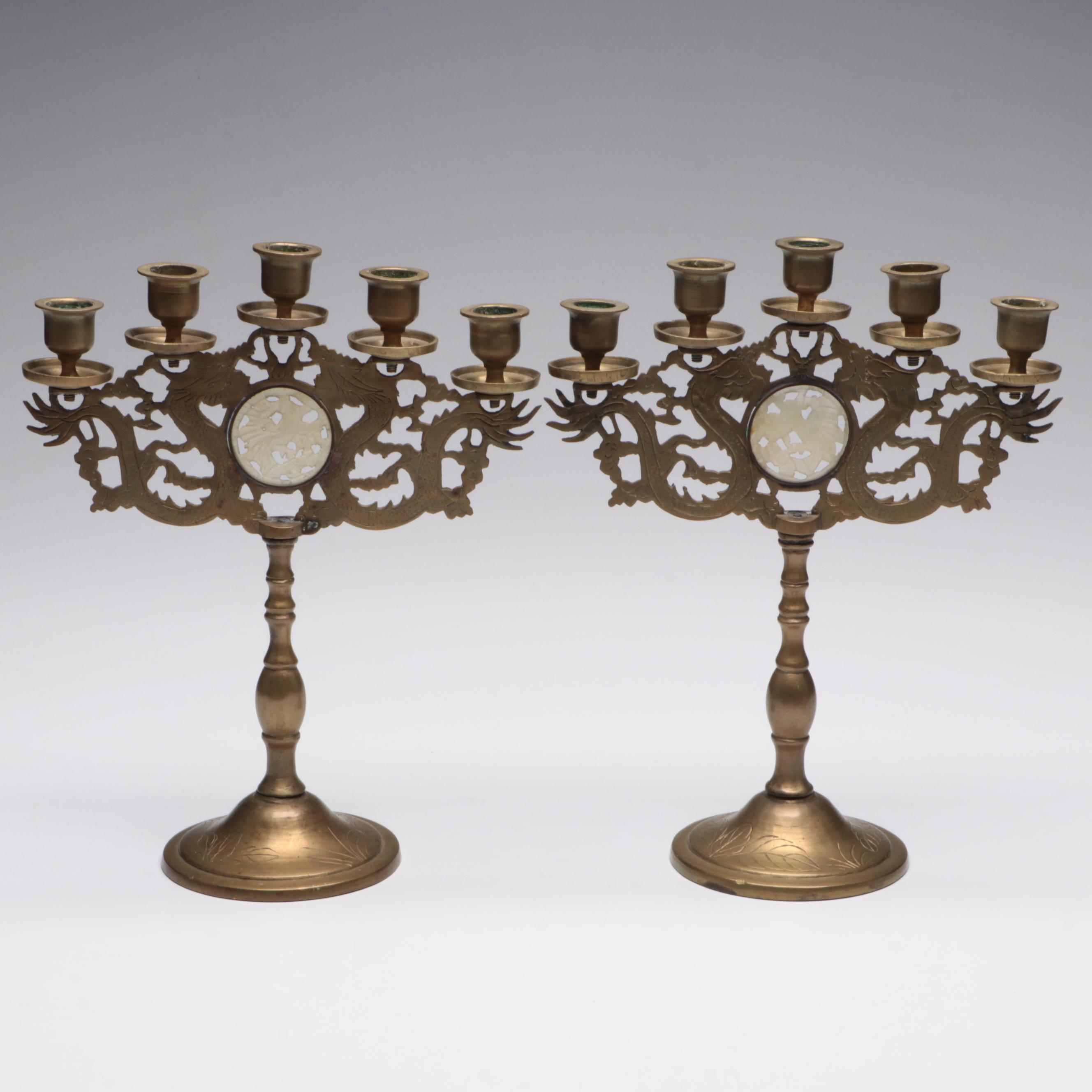 Chinese Brass and Serpentine Dragon Candelabra Pair