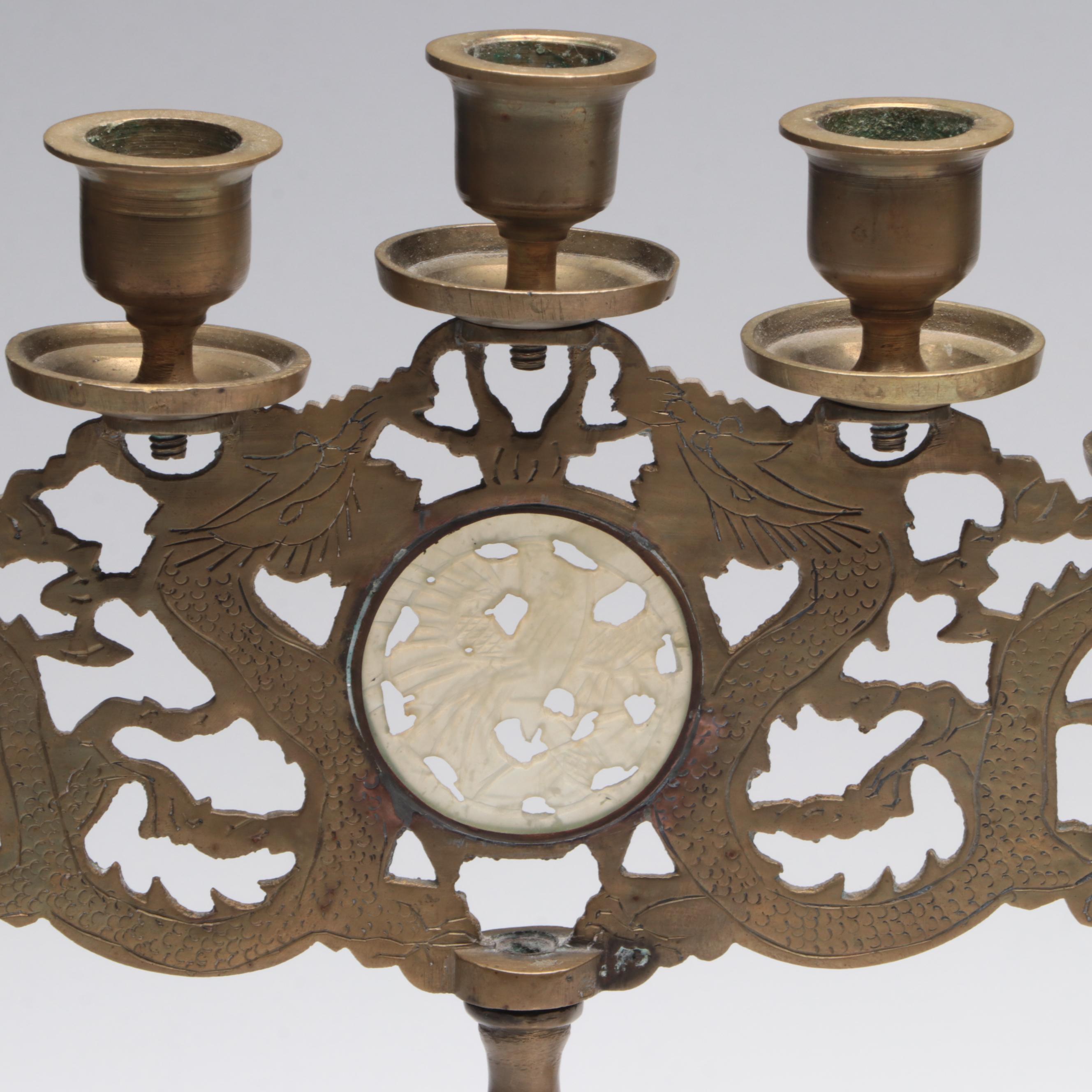 Chinese Brass and Serpentine Dragon Candelabra Pair