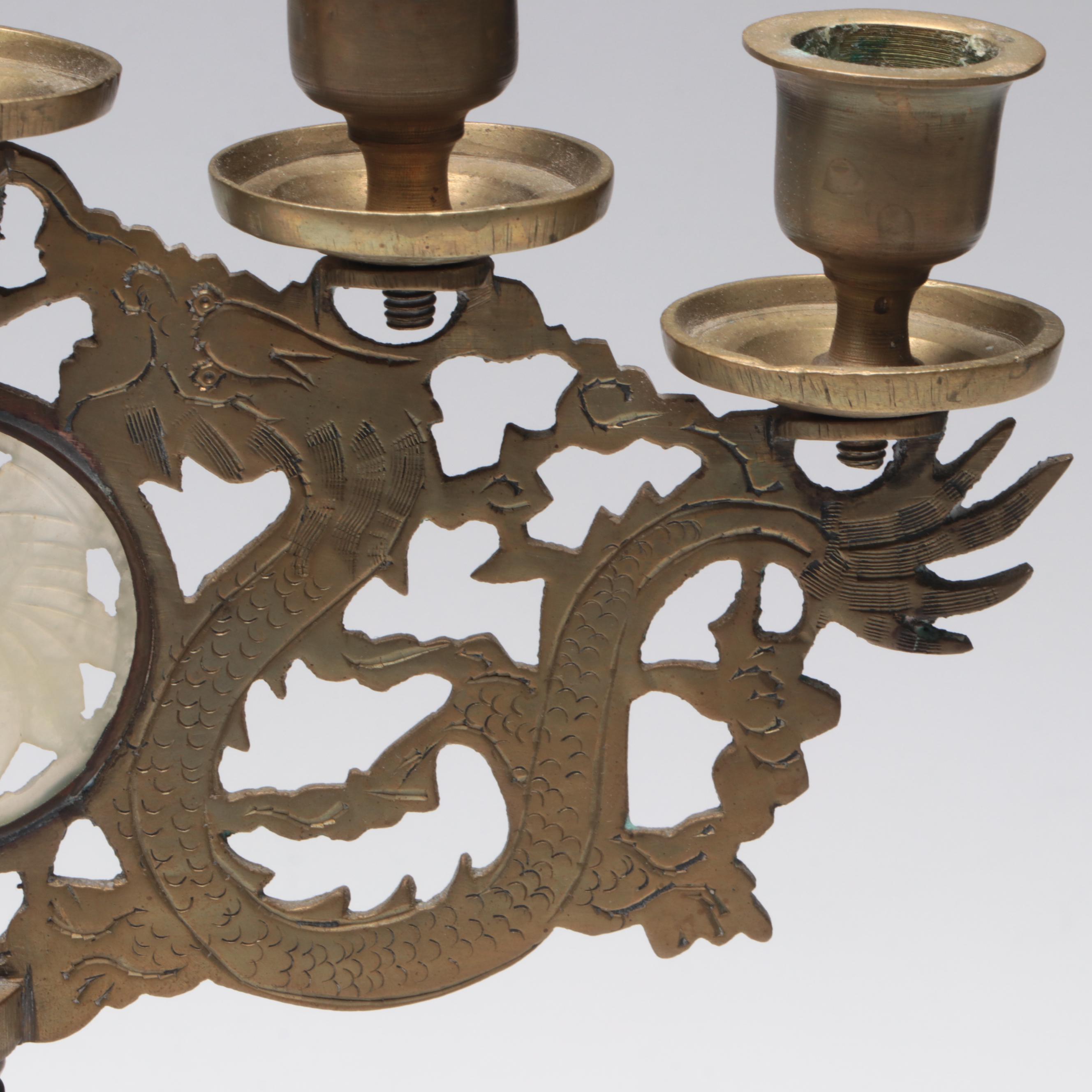 Chinese Brass and Serpentine Dragon Candelabra Pair