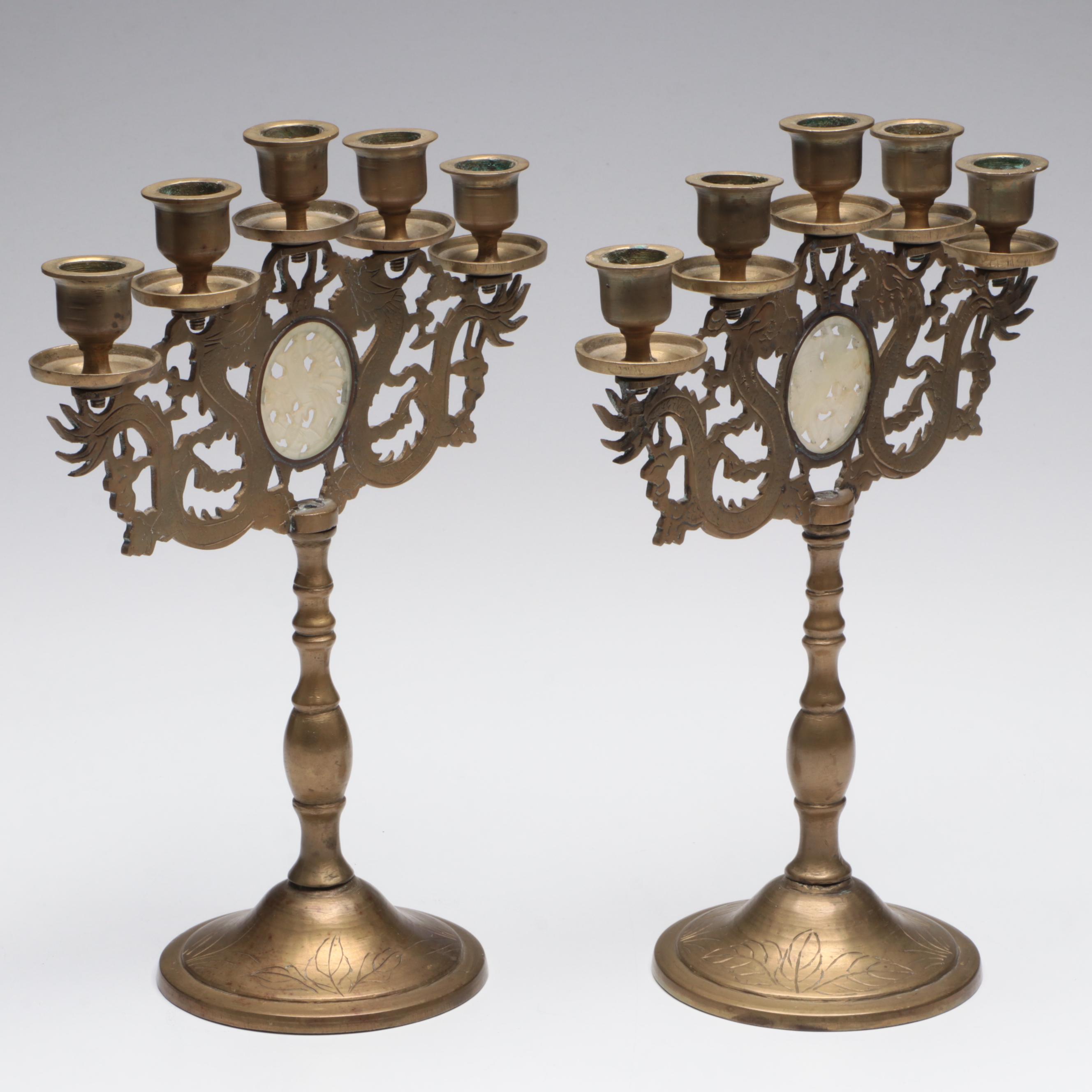 Chinese Brass and Serpentine Dragon Candelabra Pair