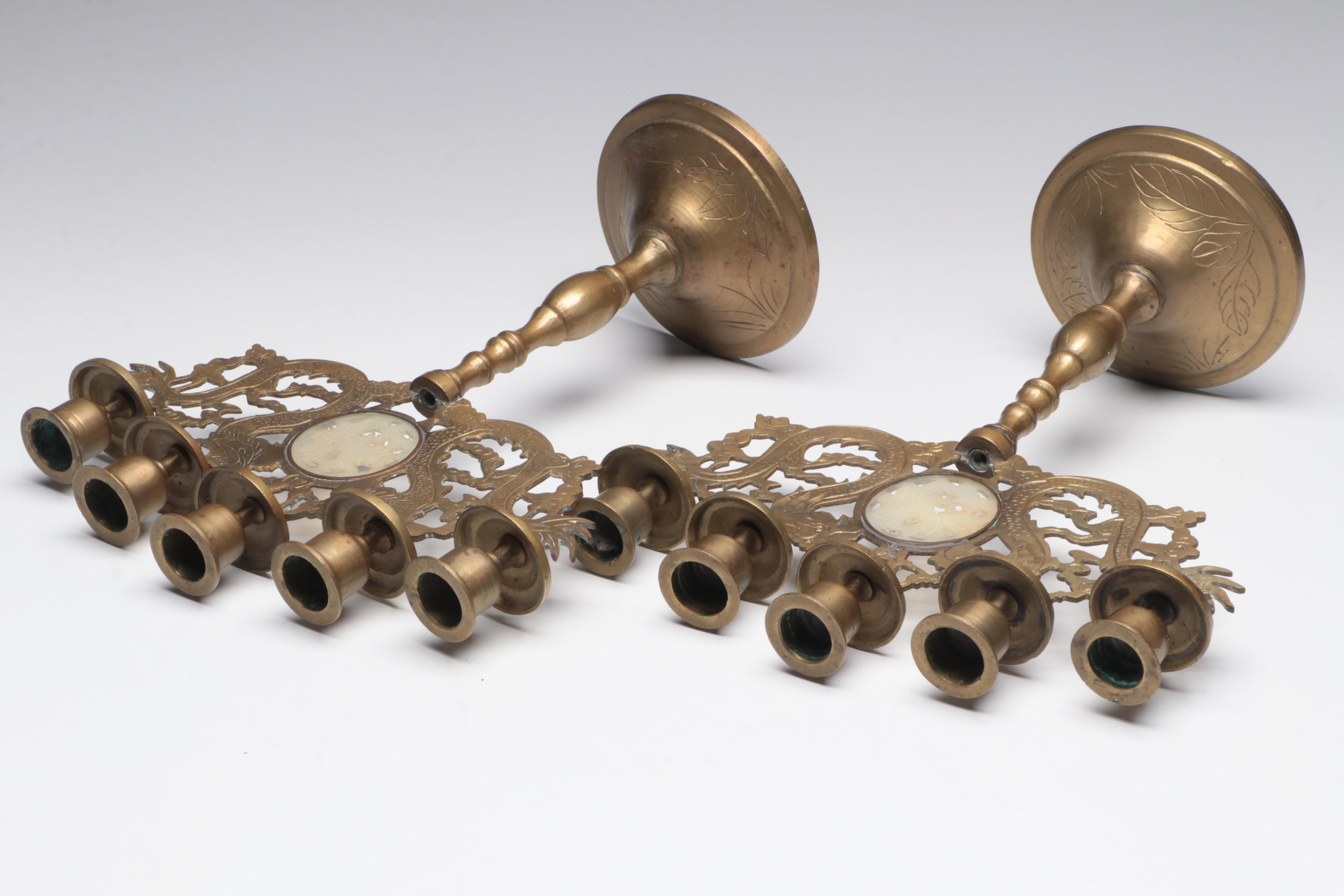 Chinese Brass and Serpentine Dragon Candelabra Pair