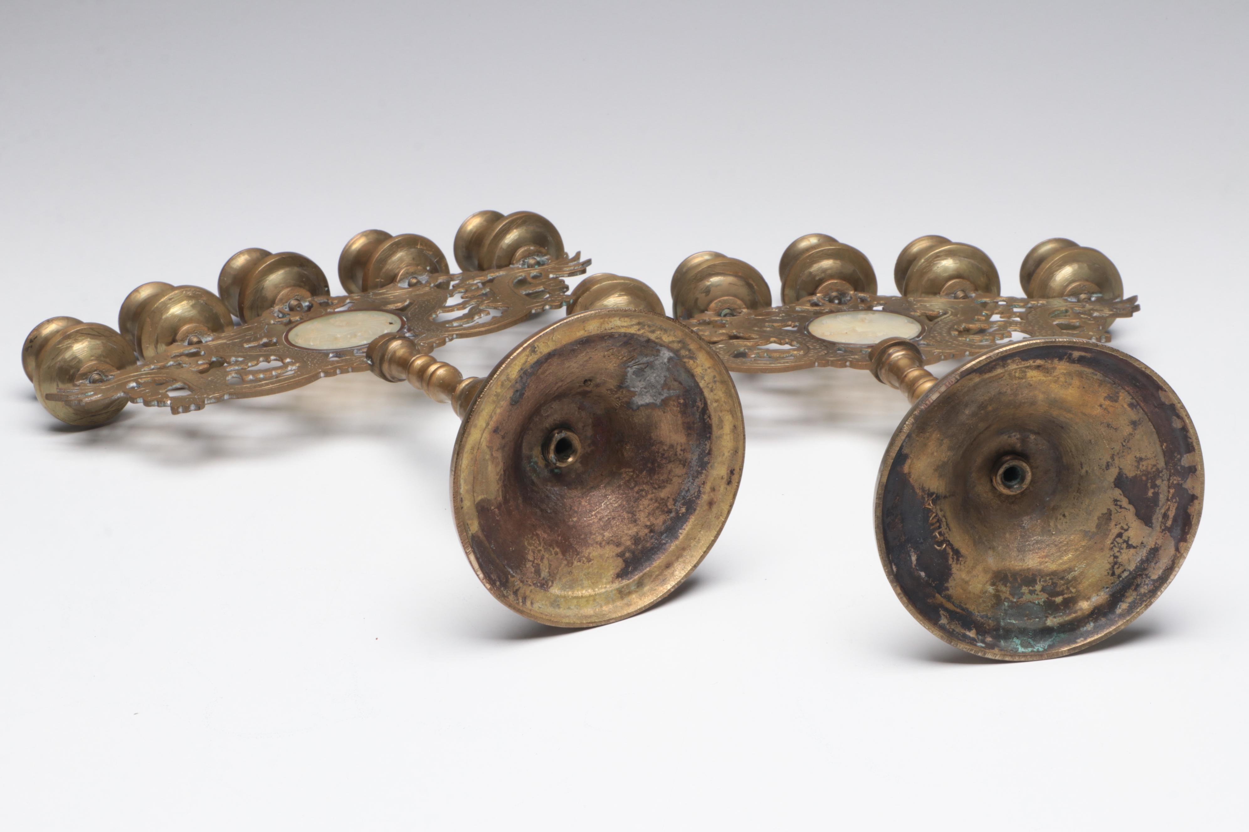 Chinese Brass and Serpentine Dragon Candelabra Pair