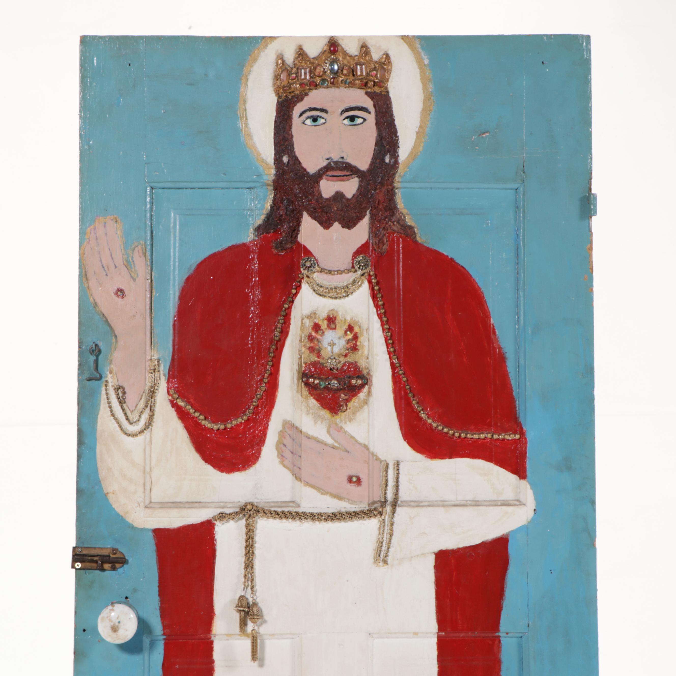 Freida Hoffman "Freind" Mixed-Media Painting of Jesus on Wooden Door