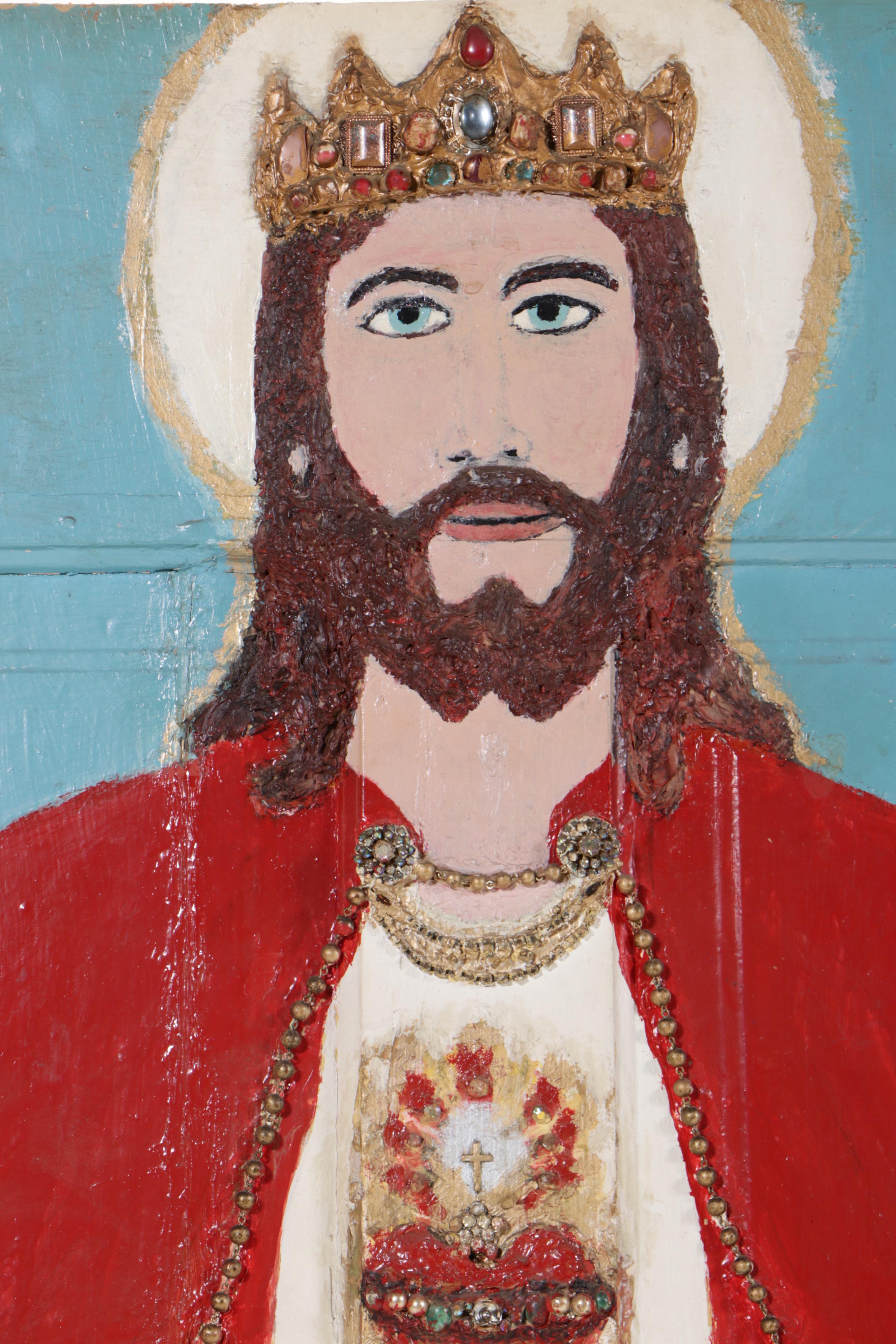 Freida Hoffman "Freind" Mixed-Media Painting of Jesus on Wooden Door