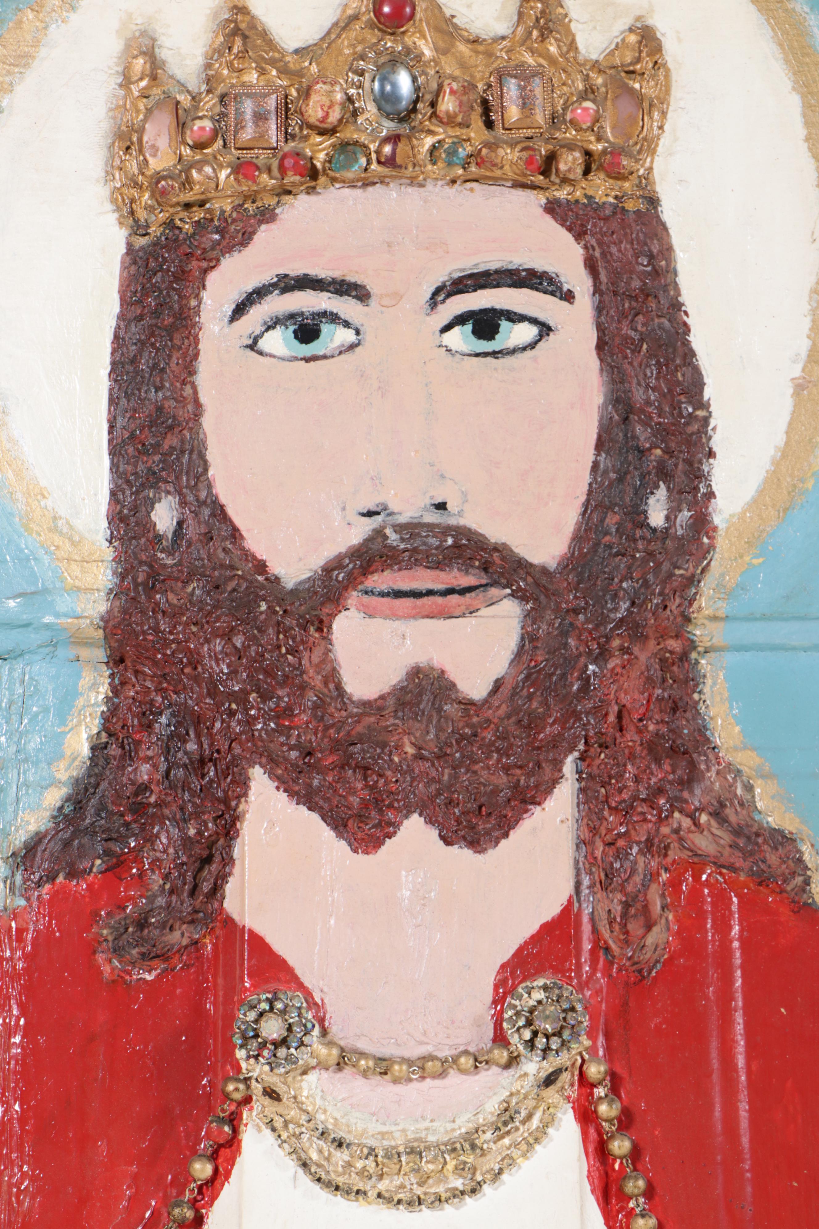 Freida Hoffman "Freind" Mixed-Media Painting of Jesus on Wooden Door