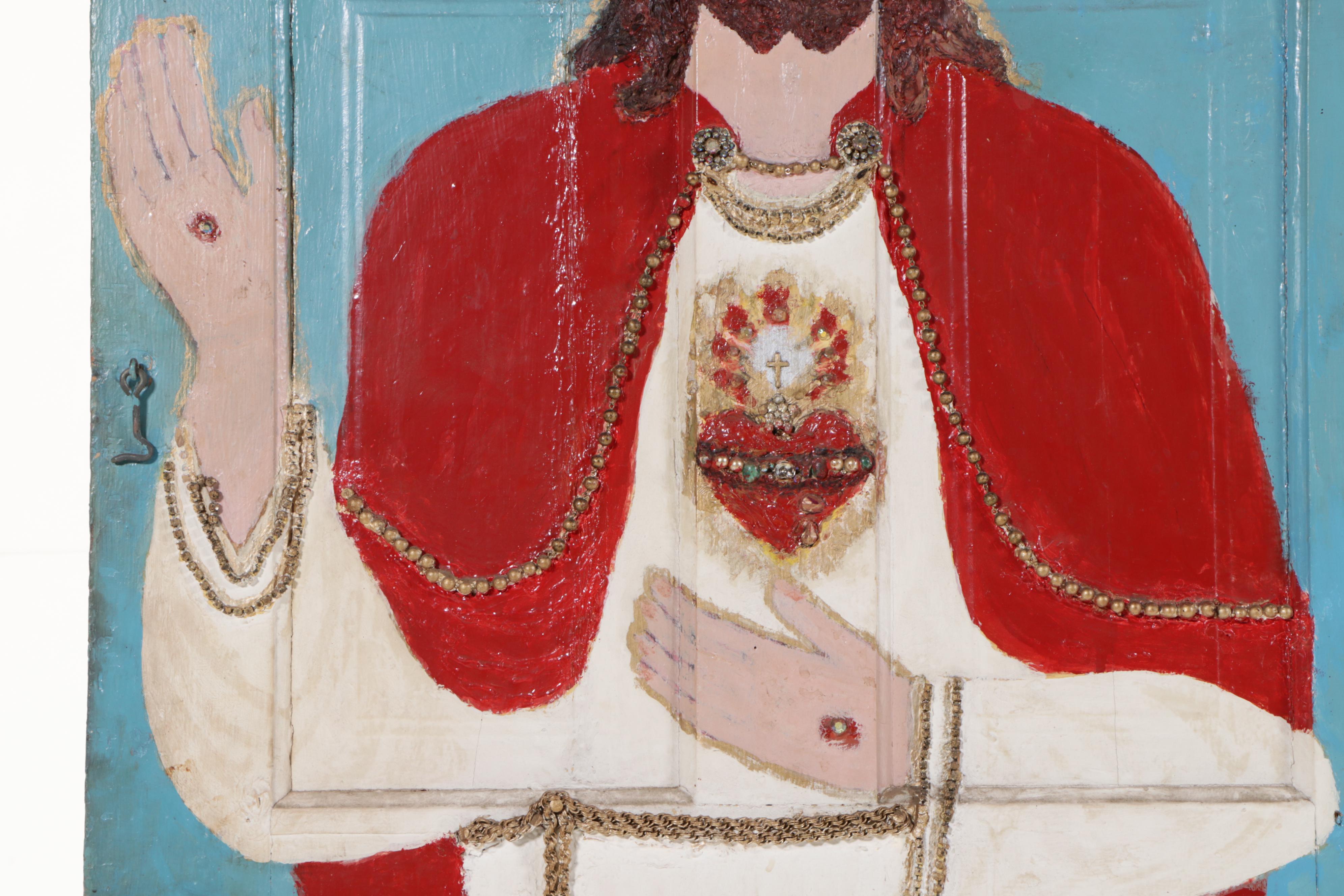 Freida Hoffman "Freind" Mixed-Media Painting of Jesus on Wooden Door