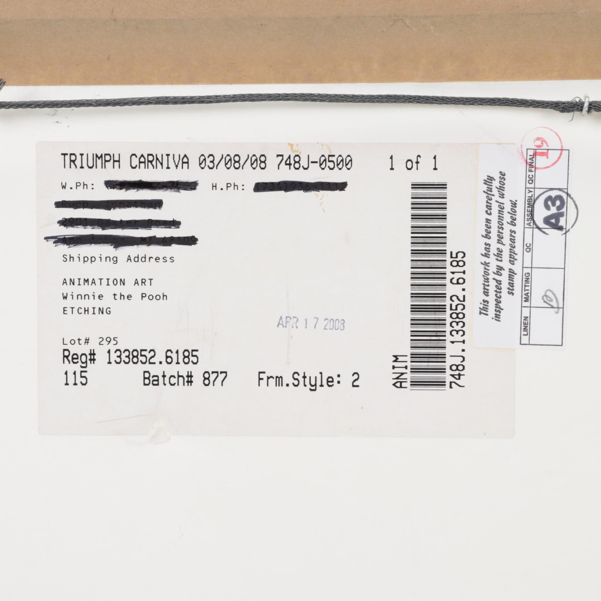 Sowa & Reiser for Disney Hand-Colored Etching "Winnie the Pooh," Circa 2008