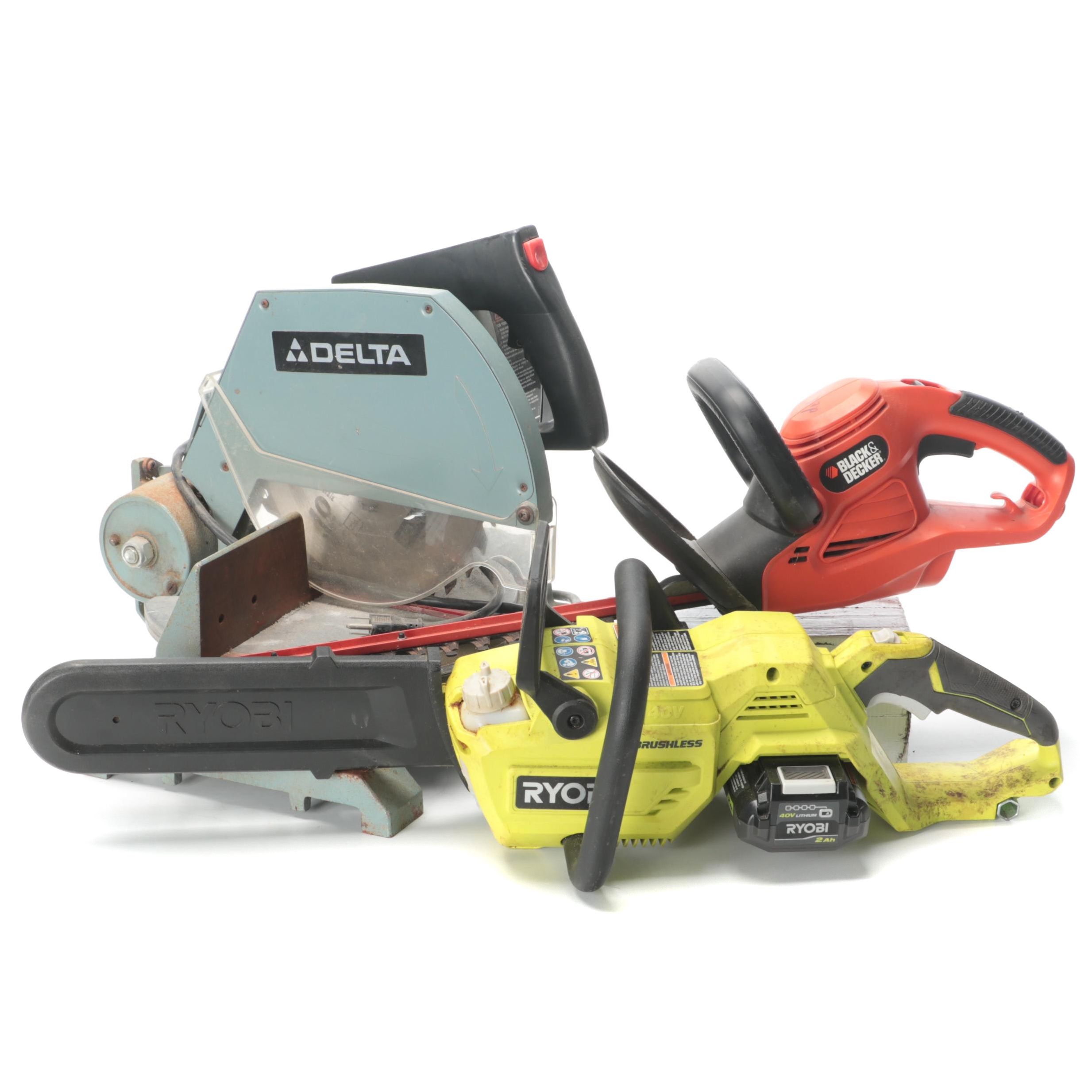 Delta Miter Saw, Ryobi Electric Chainsaw, Black+Decker Hedge Trimmer