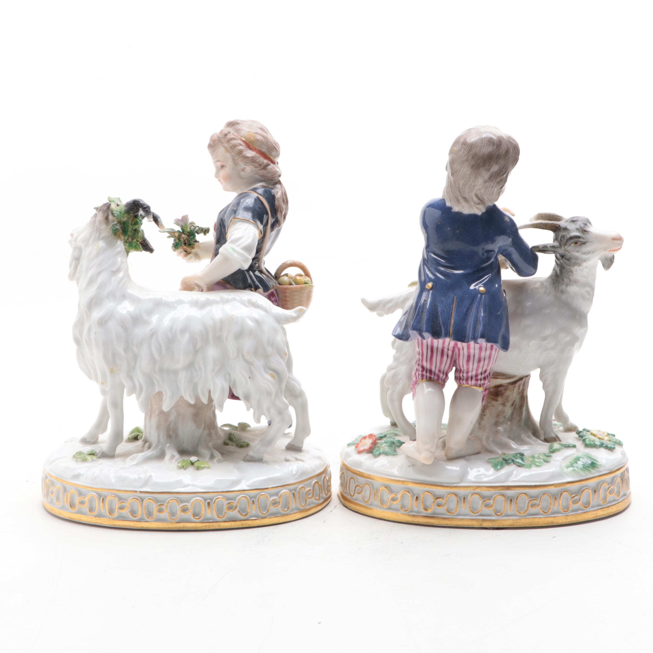 Meissen Porcelain Boy and Girl with Goats Figurines