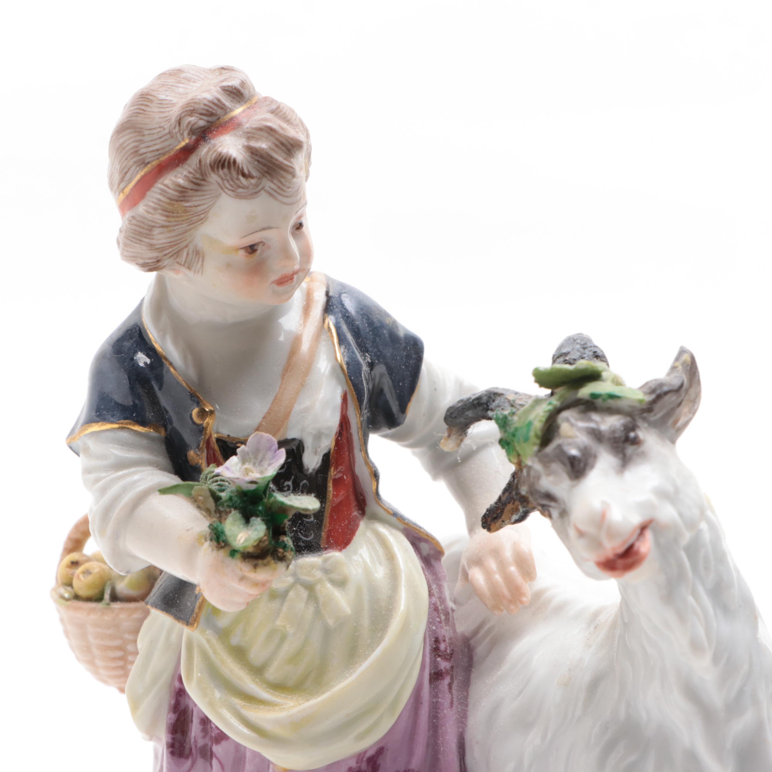 Meissen Porcelain Boy and Girl with Goats Figurines