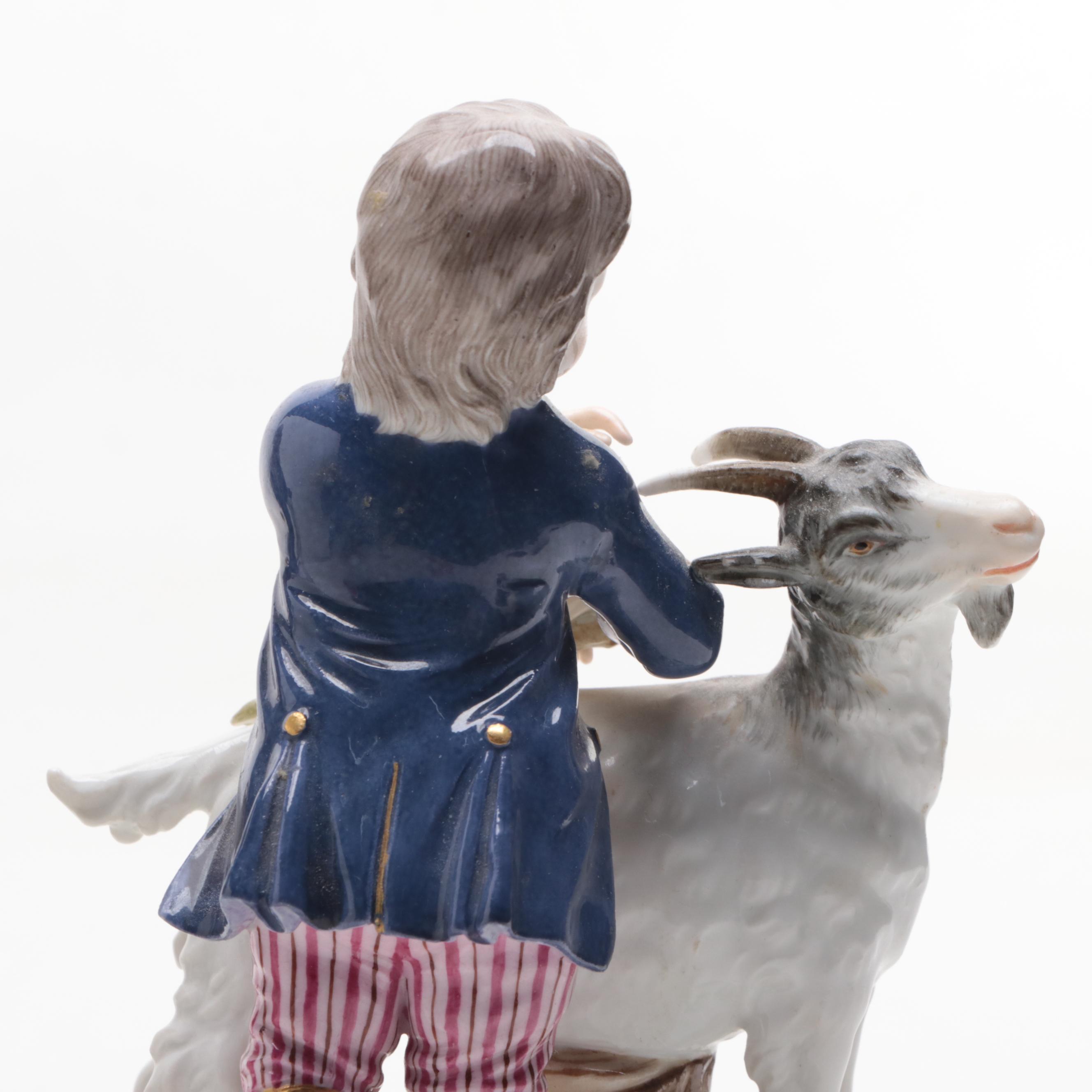 Meissen Porcelain Boy and Girl with Goats Figurines
