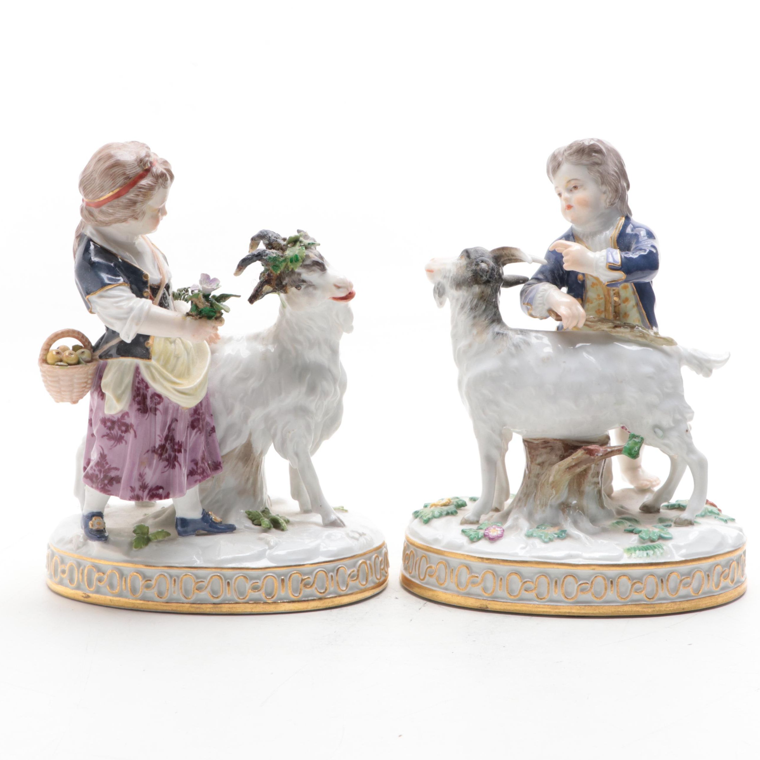 Meissen Porcelain Boy and Girl with Goats Figurines