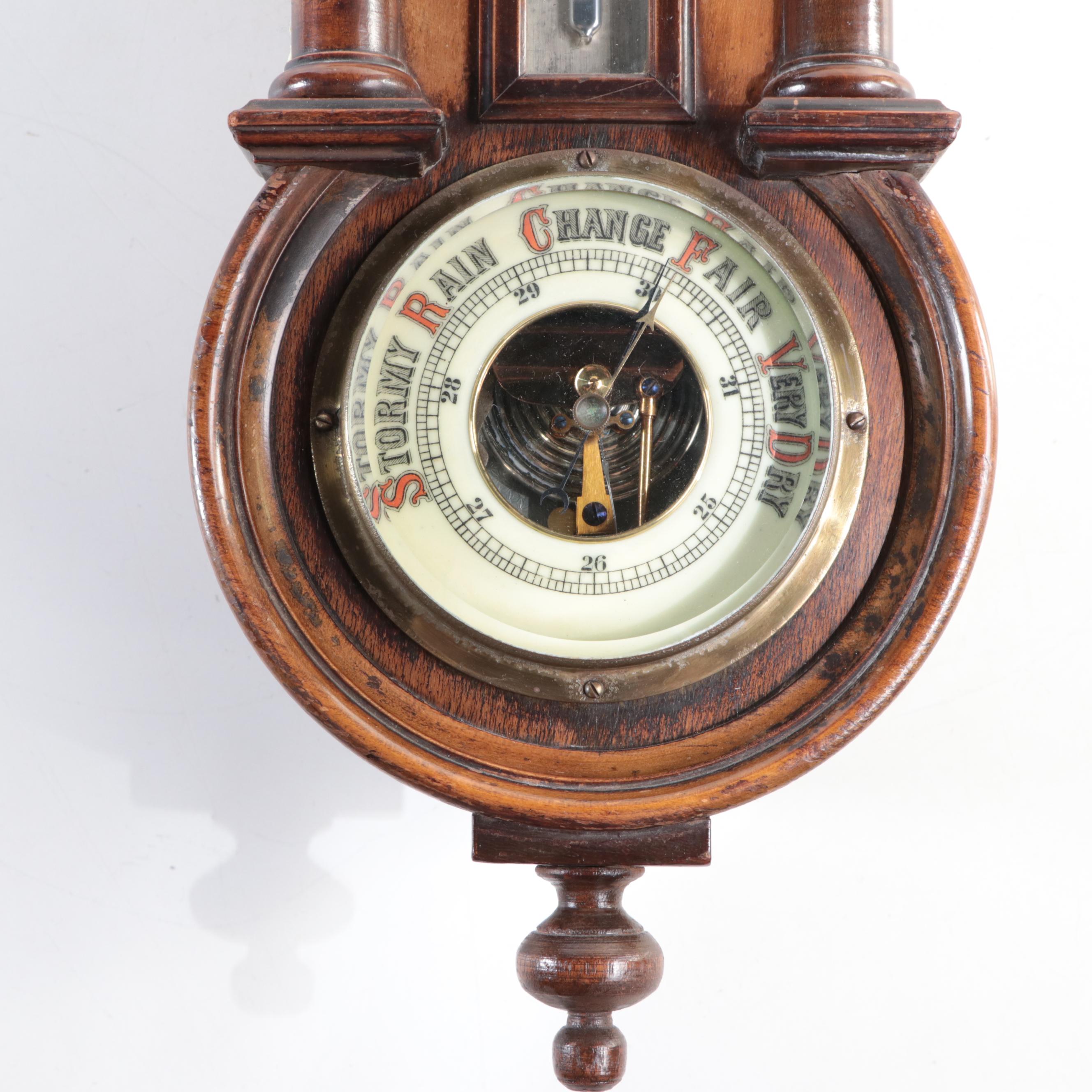 Late Victorian Wood Wall Clock with Thermometer and Barometer