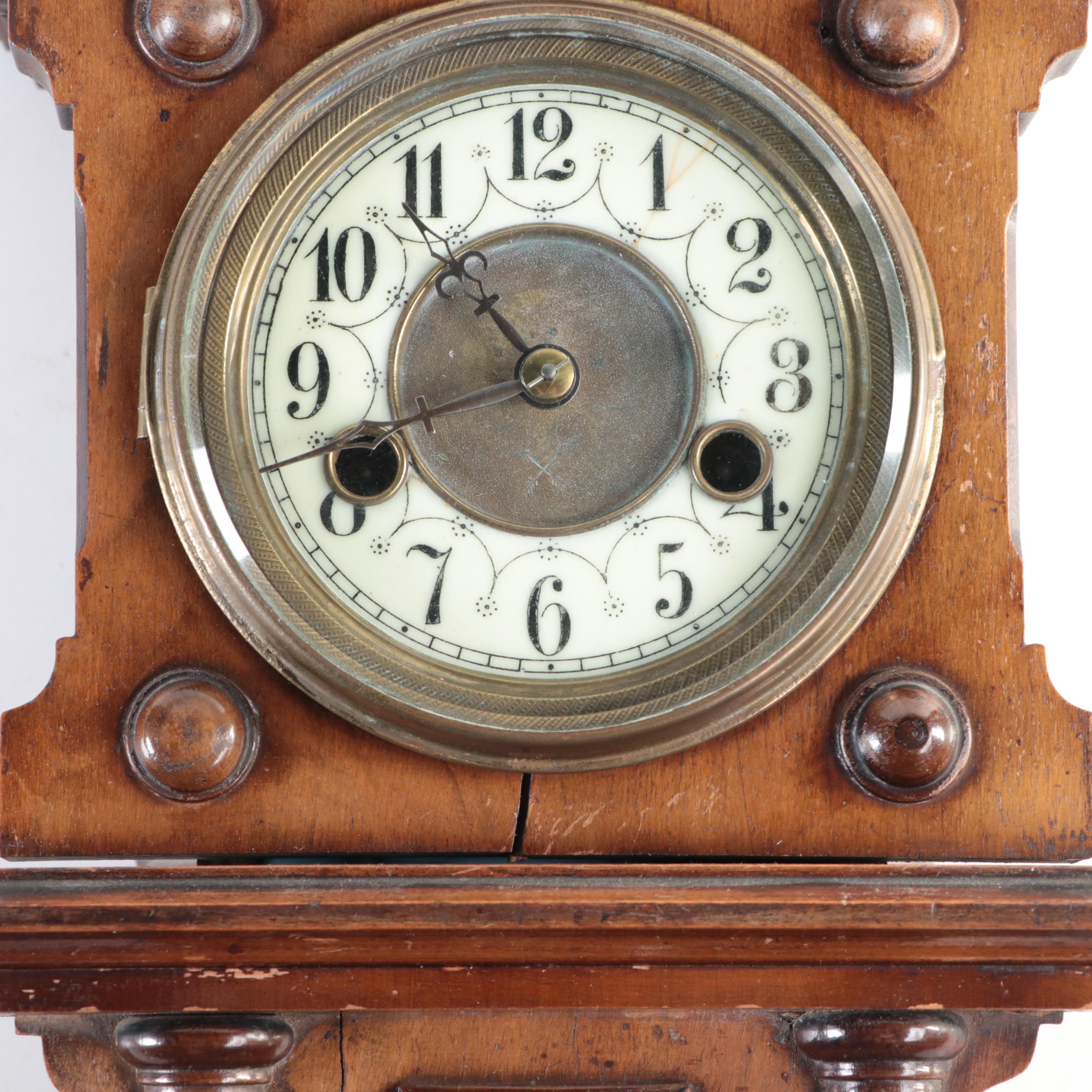 Late Victorian Wood Wall Clock with Thermometer and Barometer