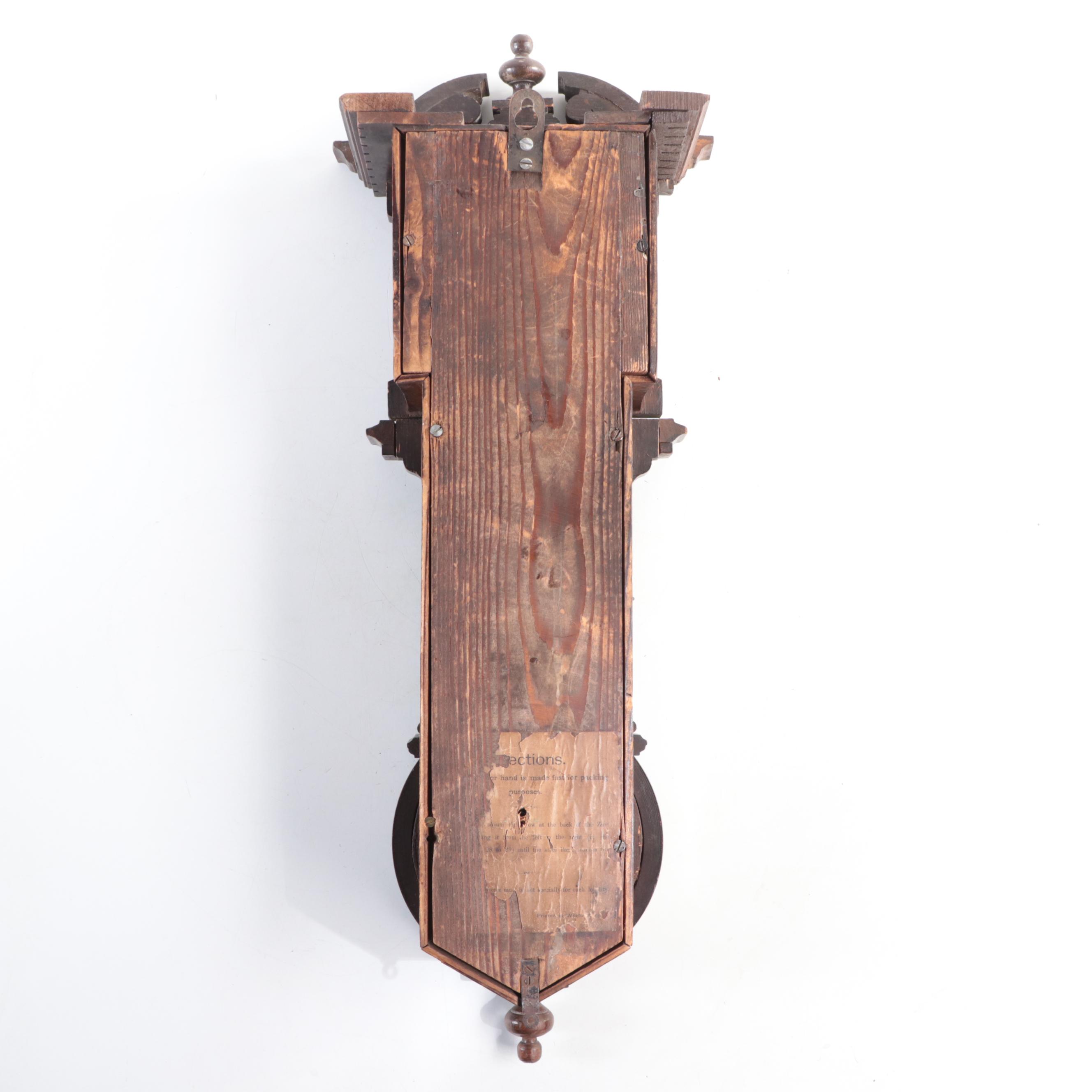 Late Victorian Wood Wall Clock with Thermometer and Barometer