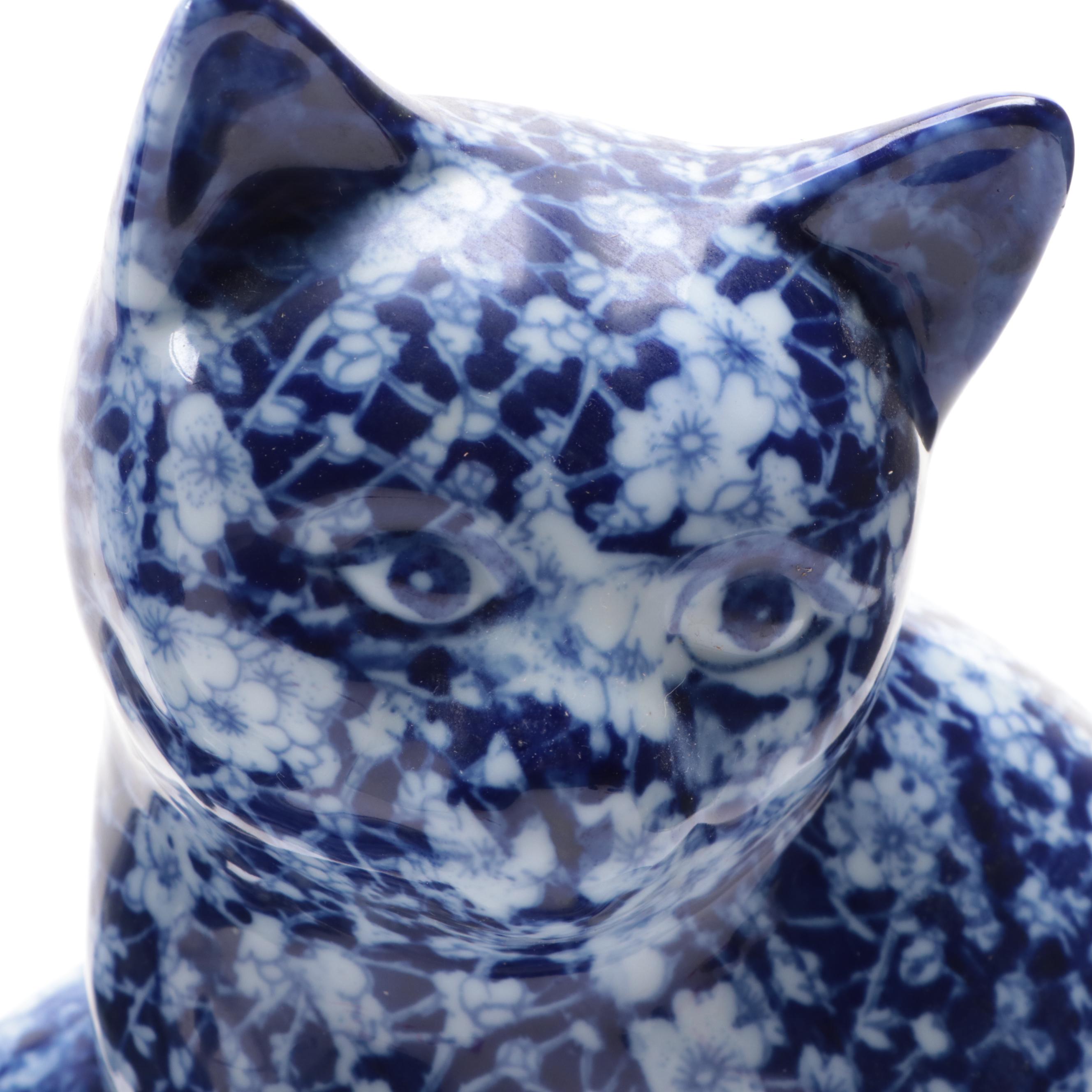 Ceramic Blue and White Chintz Pattern Cat Figurines