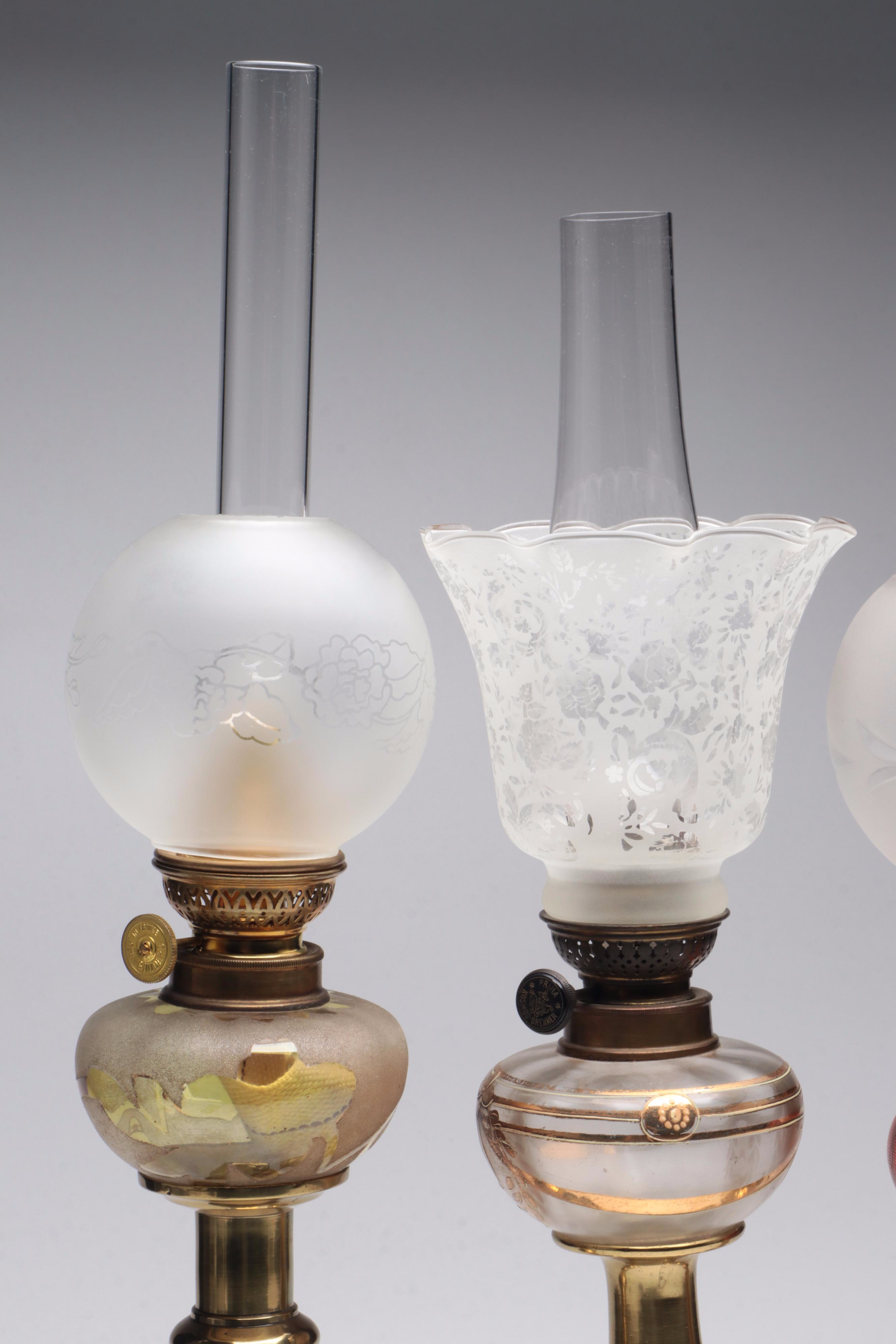 Victorian Brass and Glass Oil Peg Lamps with Banquet Oil Lamp