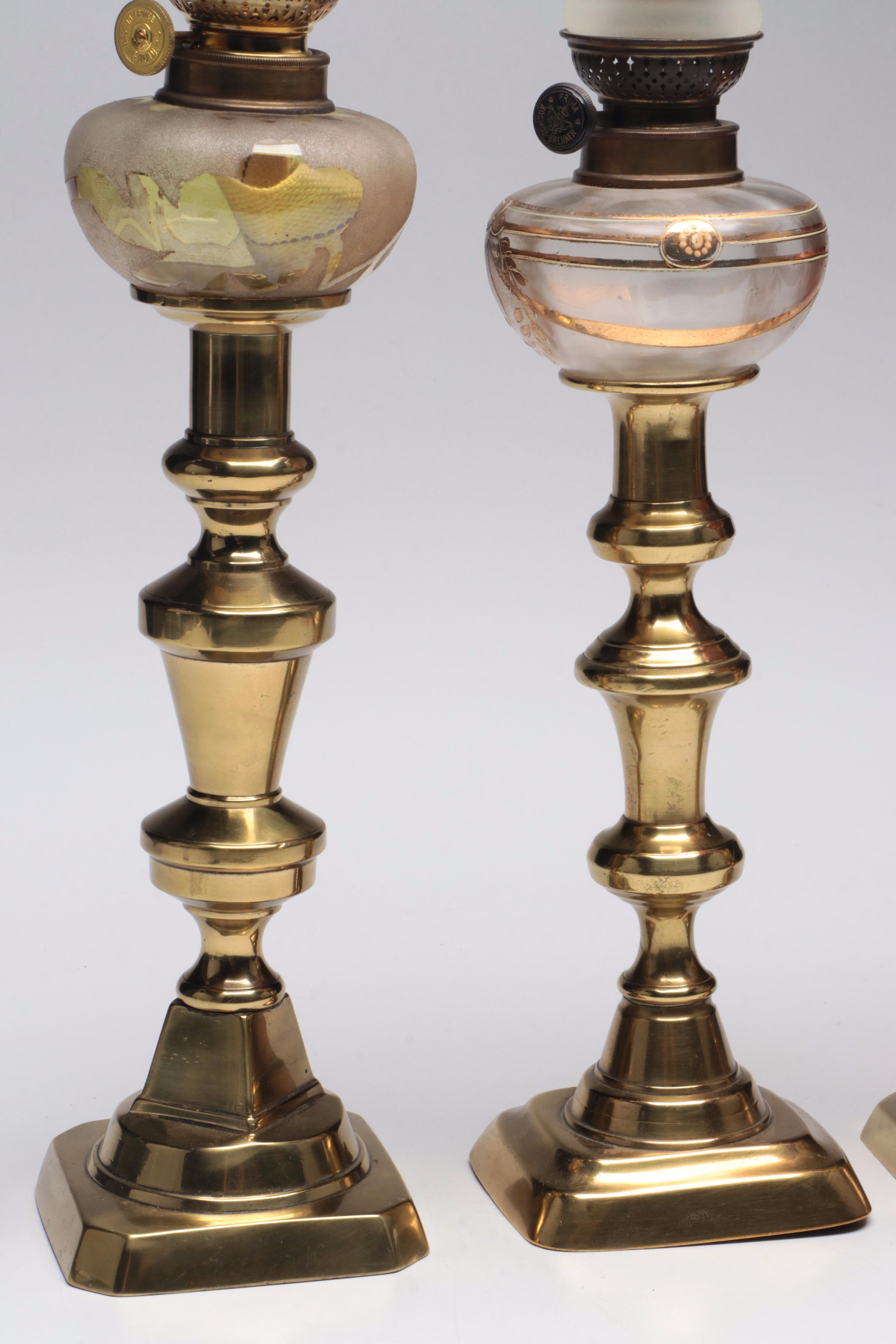 Victorian Brass and Glass Oil Peg Lamps with Banquet Oil Lamp