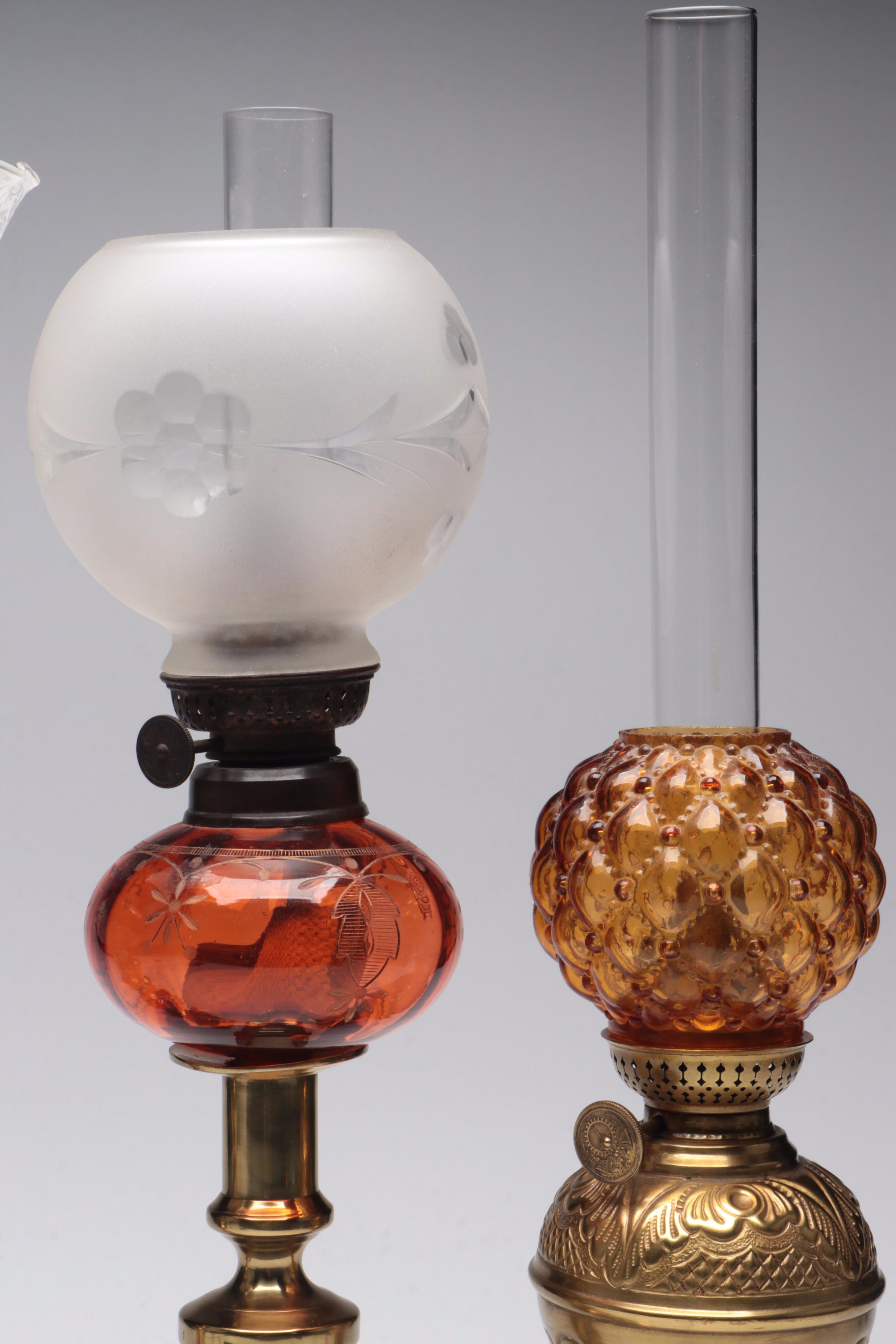 Victorian Brass and Glass Oil Peg Lamps with Banquet Oil Lamp