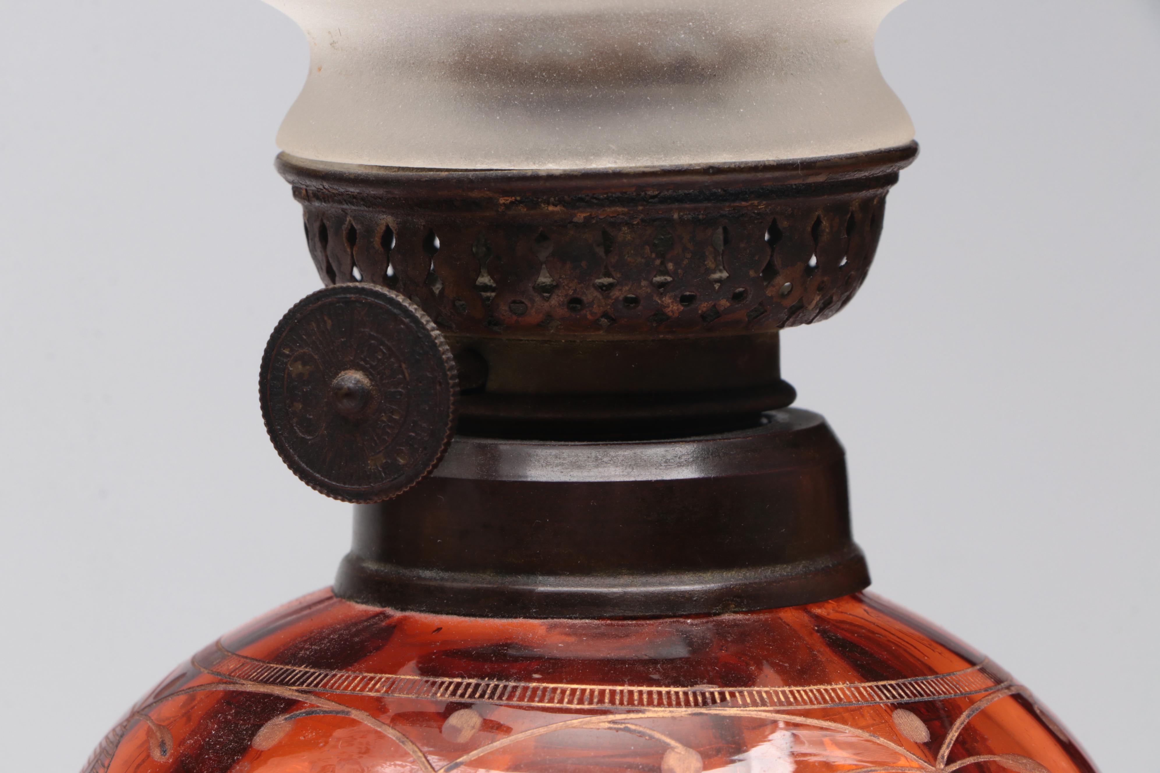 Victorian Brass and Glass Oil Peg Lamps with Banquet Oil Lamp