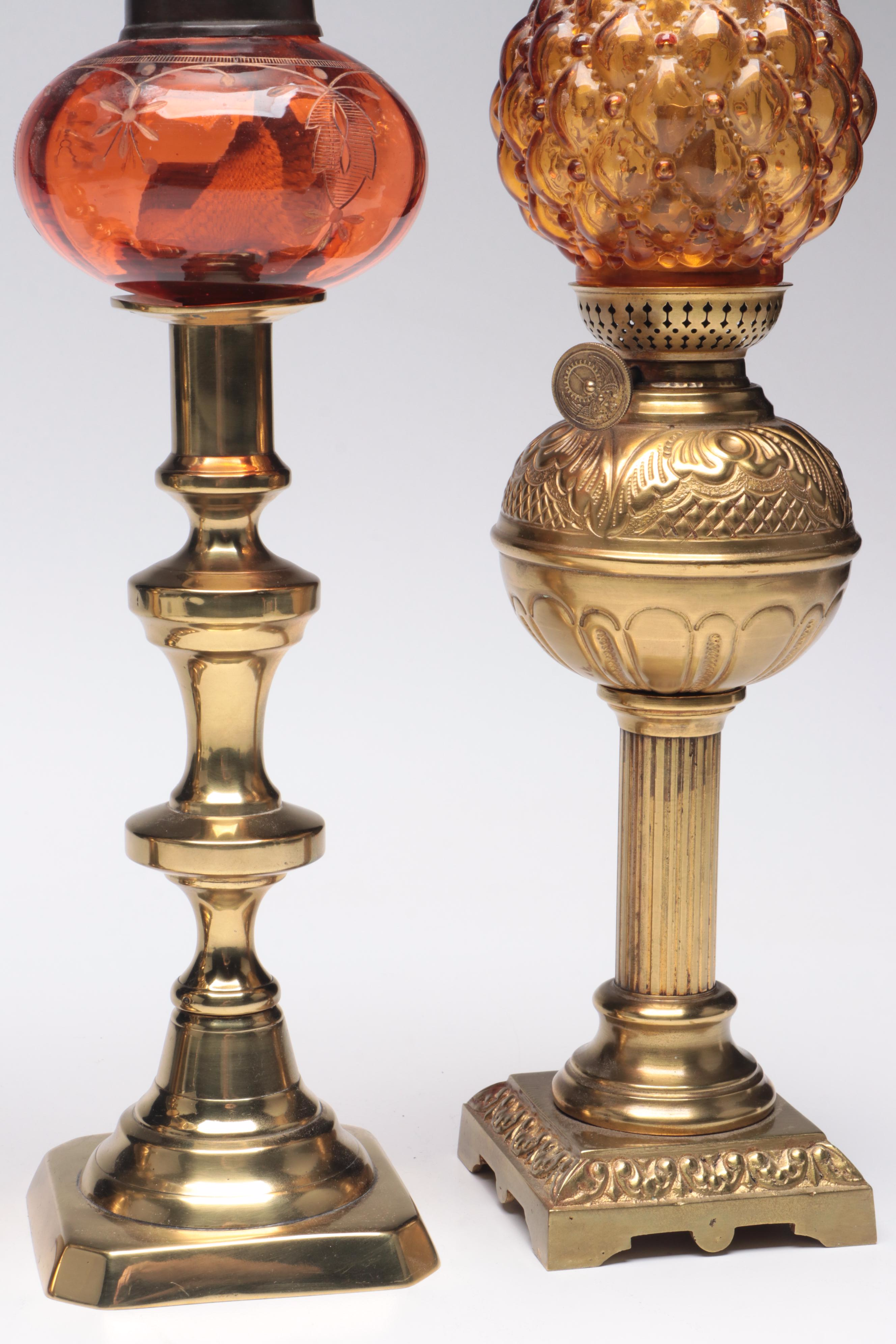 Victorian Brass and Glass Oil Peg Lamps with Banquet Oil Lamp