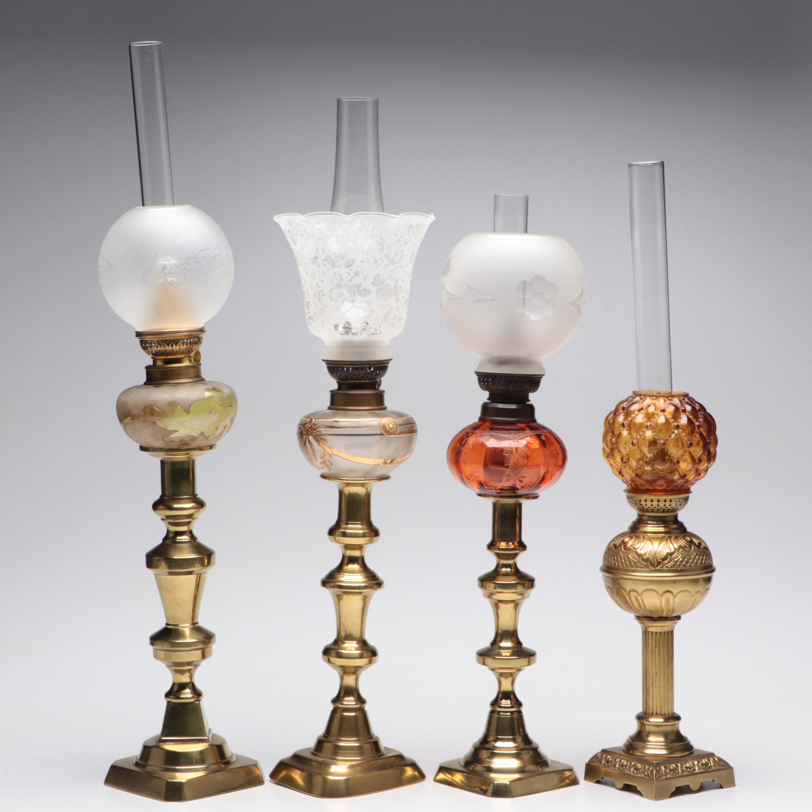 Victorian Brass and Glass Oil Peg Lamps with Banquet Oil Lamp