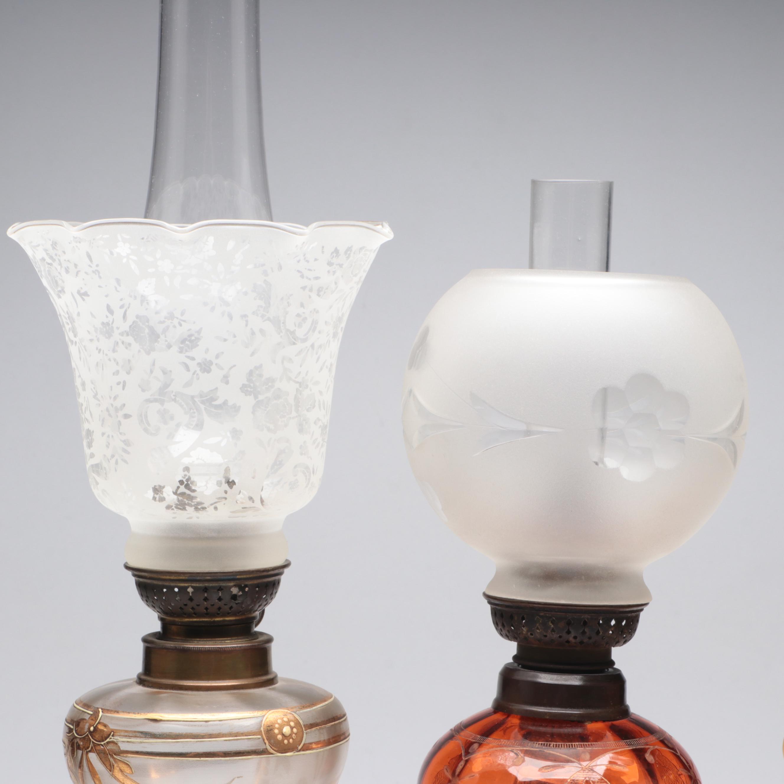 Victorian Brass and Glass Oil Peg Lamps with Banquet Oil Lamp