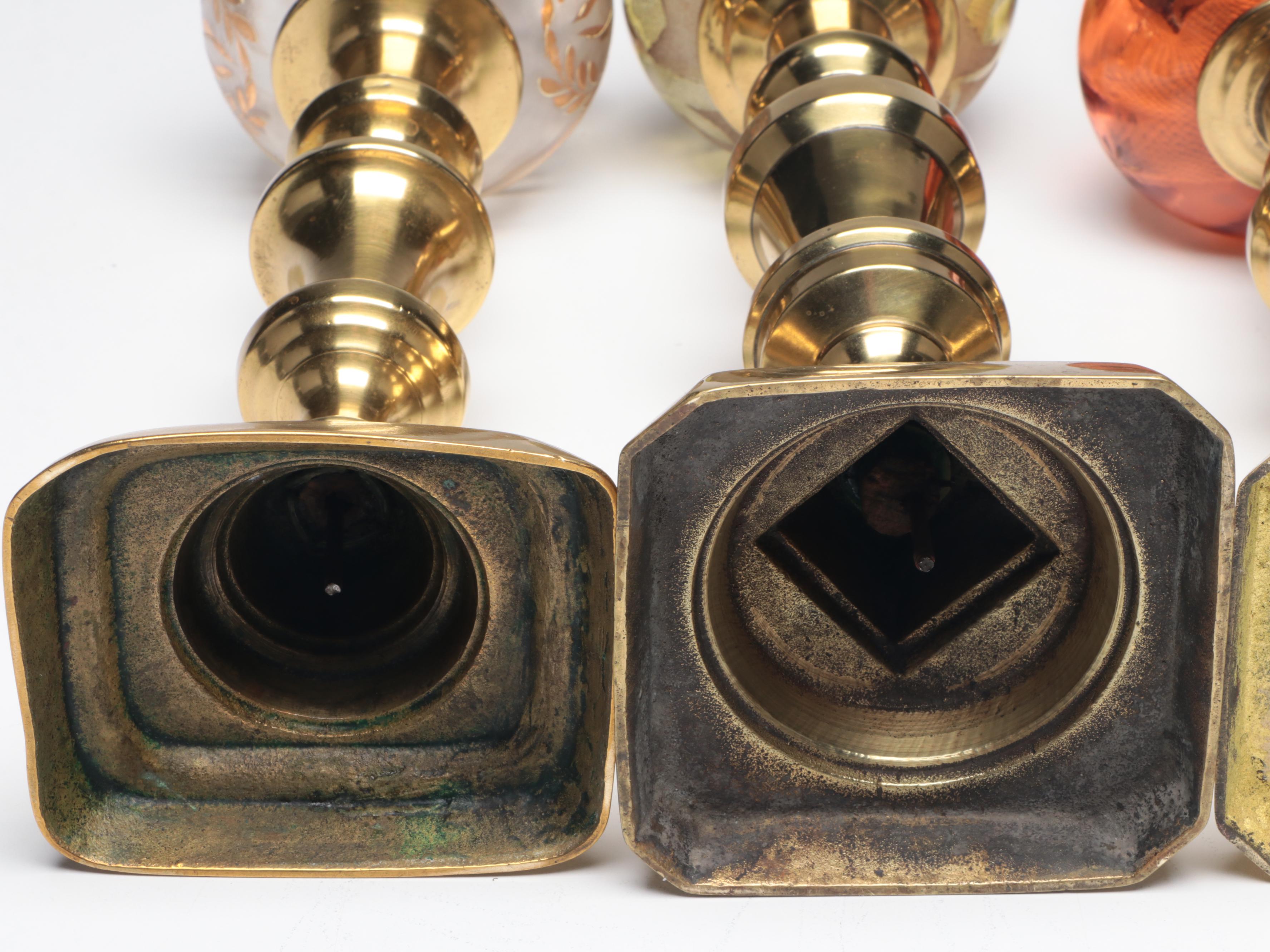 Victorian Brass and Glass Oil Peg Lamps with Banquet Oil Lamp