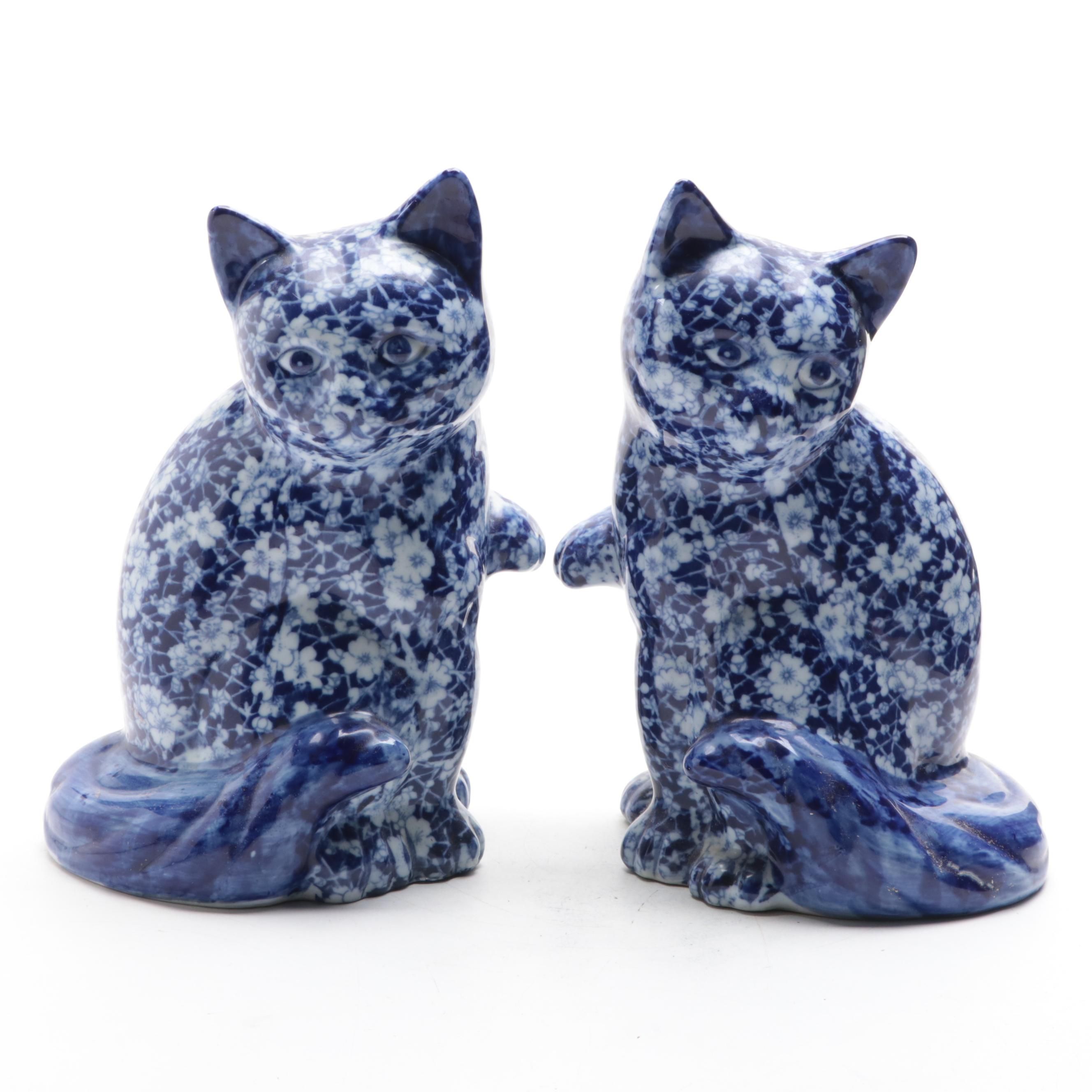 Ceramic Blue and White Chintz Pattern Cat Figurines