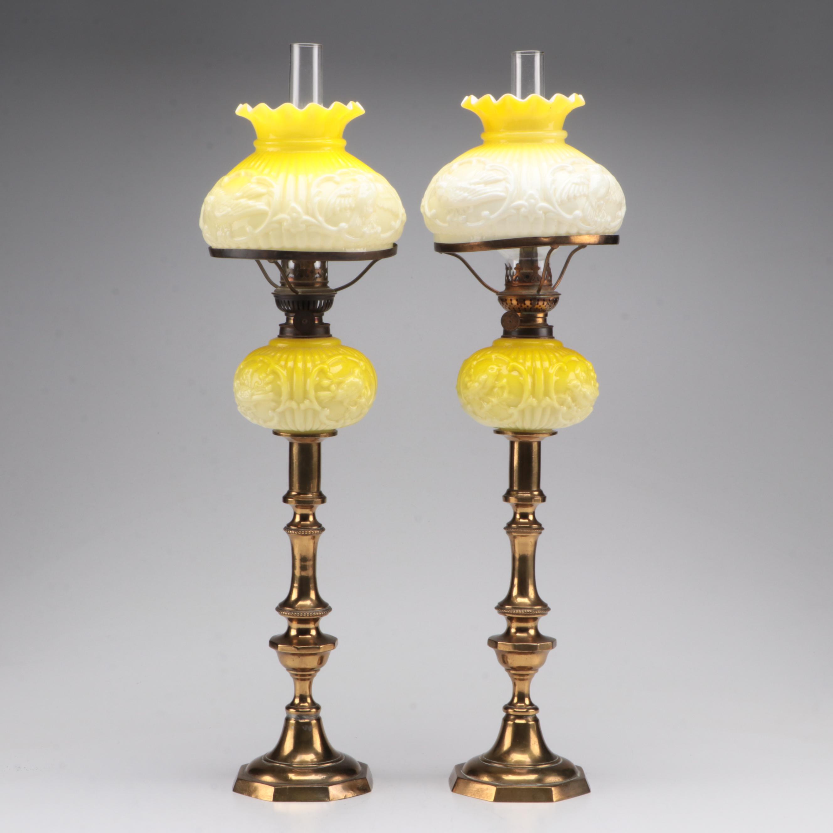 Pair Of English Brass Push-up Candlesticks With Puffy Glass Oil Peg Lamps