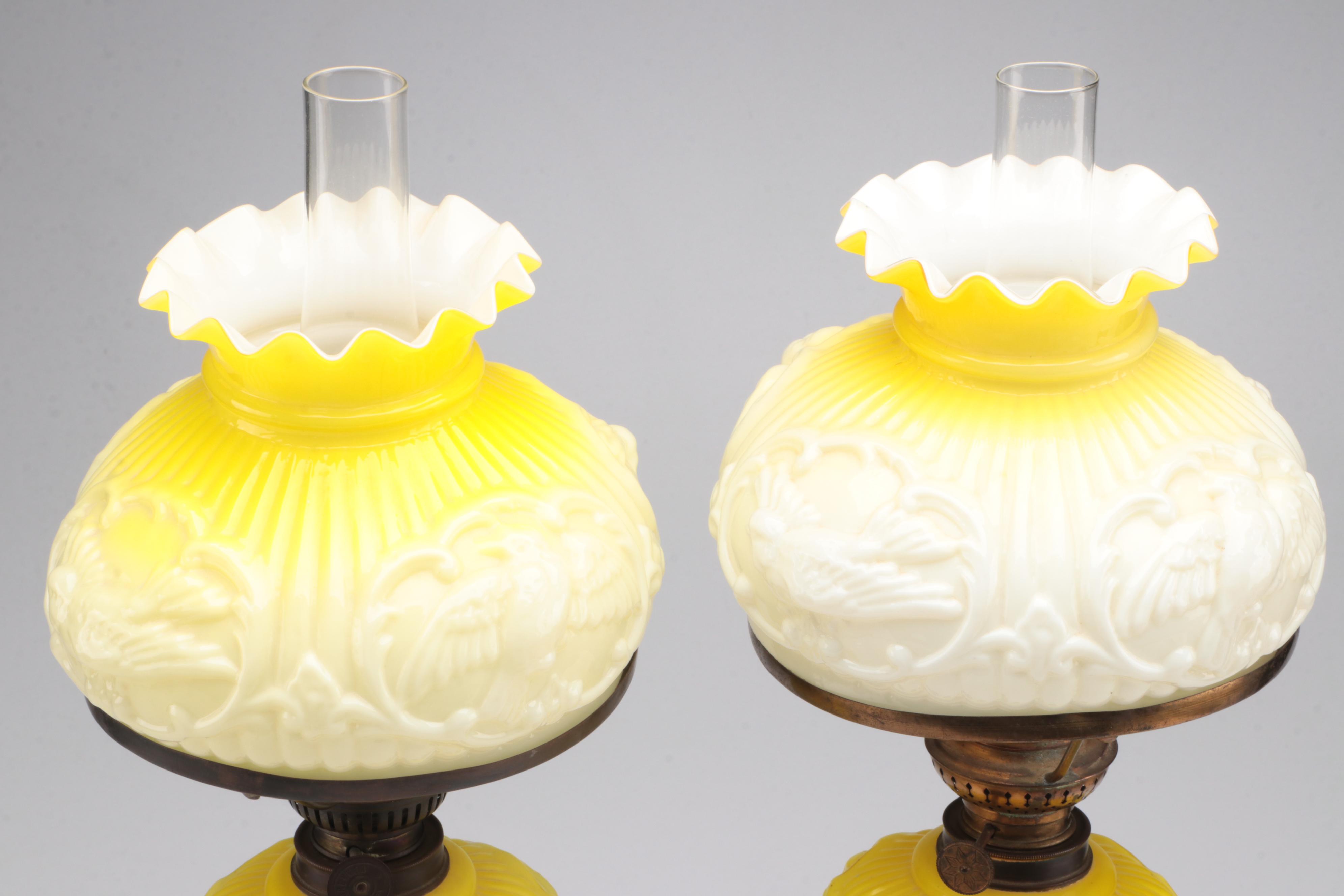 Pair Of English Brass Push-up Candlesticks With Puffy Glass Oil Peg Lamps