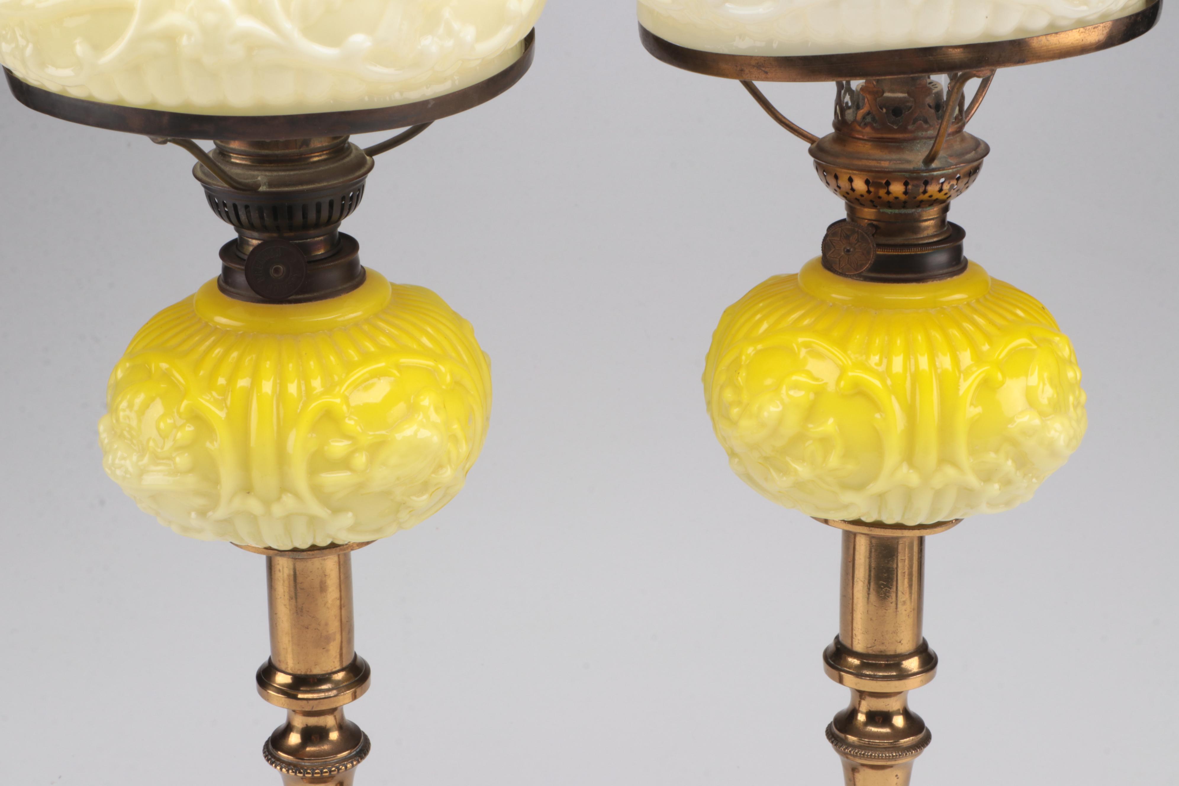 Pair Of English Brass Push-up Candlesticks With Puffy Glass Oil Peg Lamps